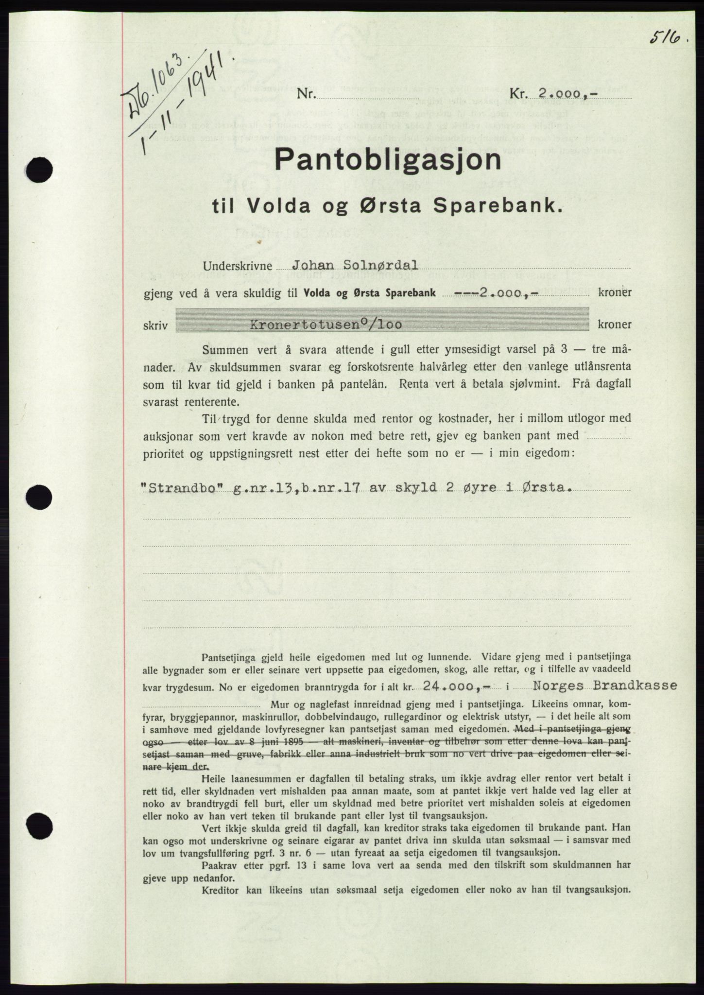 Søre Sunnmøre sorenskriveri, AV/SAT-A-4122/1/2/2C/L0071: Pantebok nr. 65, 1941-1941, Dagboknr: 1063/1941