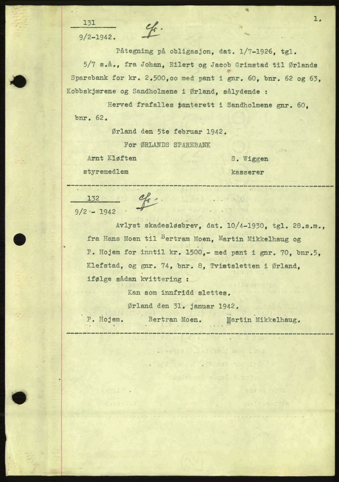 Fosen sorenskriveri, SAT/A-1107/1/2/2C: Pantebok nr. 86-87, 1942-1943, Dagboknr: 131/1942