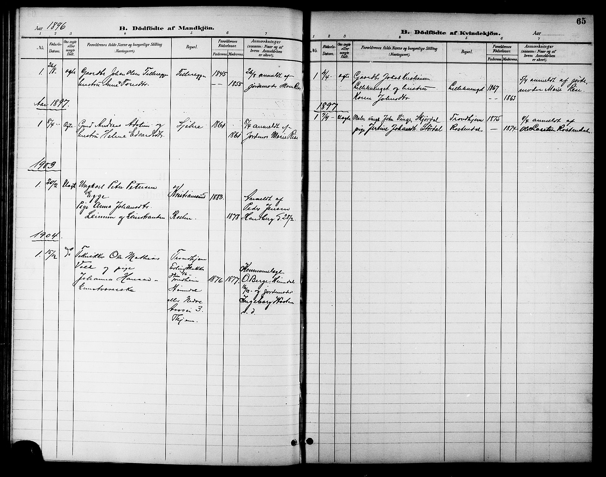 Ministerialprotokoller, klokkerbøker og fødselsregistre - Sør-Trøndelag, AV/SAT-A-1456/621/L0460: Klokkerbok nr. 621C03, 1896-1914, s. 65