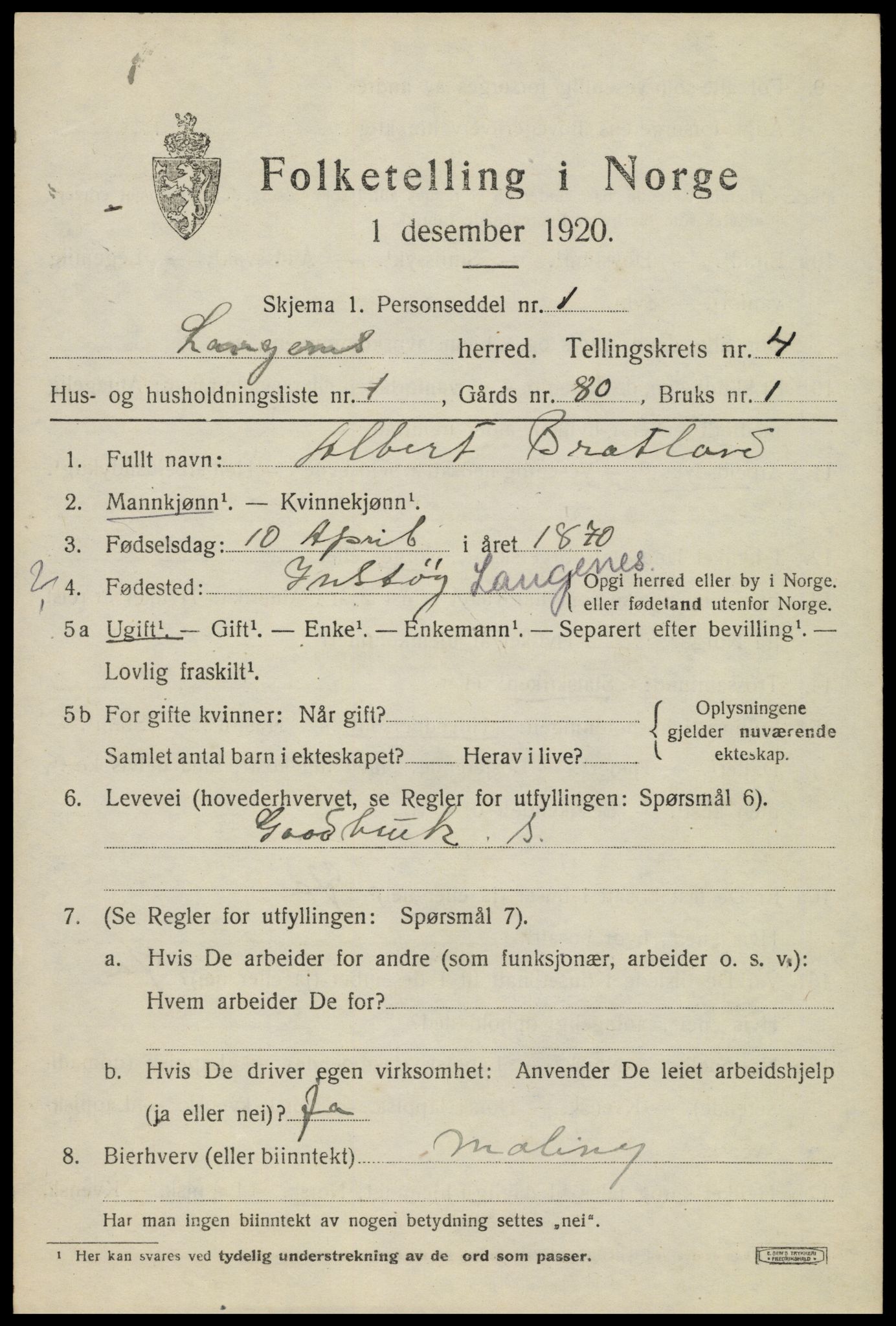 SAT, Folketelling 1920 for 1869 Langenes herred, 1920, s. 1516