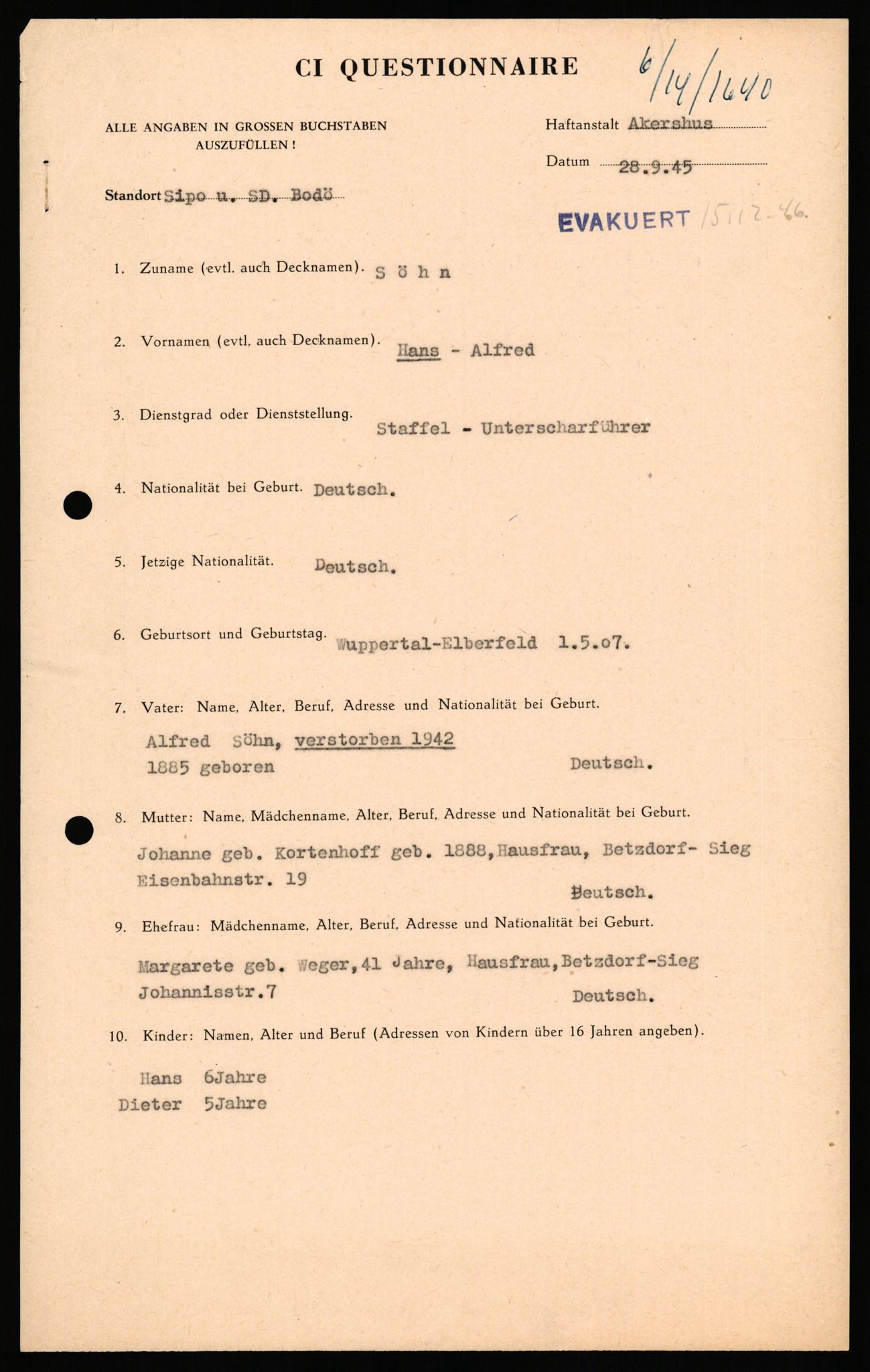 Forsvaret, Forsvarets overkommando II, AV/RA-RAFA-3915/D/Db/L0033: CI Questionaires. Tyske okkupasjonsstyrker i Norge. Tyskere., 1945-1946, s. 333