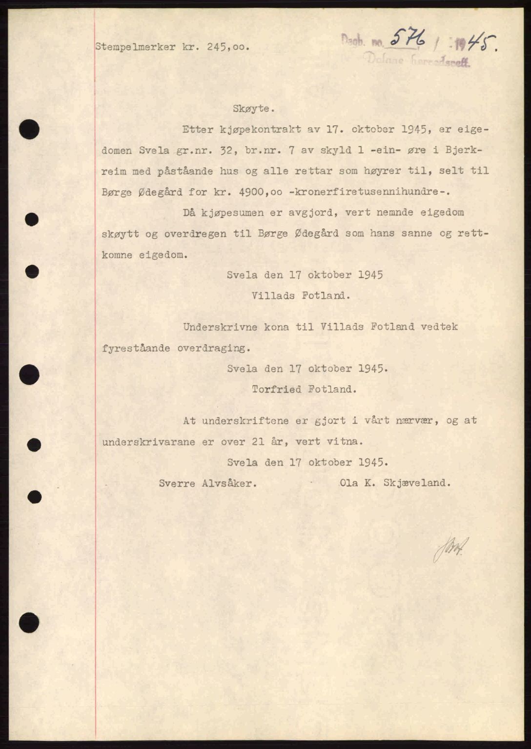 Dalane sorenskriveri, SAST/A-100309/02/G/Gb/L0047: Pantebok nr. A8 I, 1944-1945, Dagboknr: 576/1945