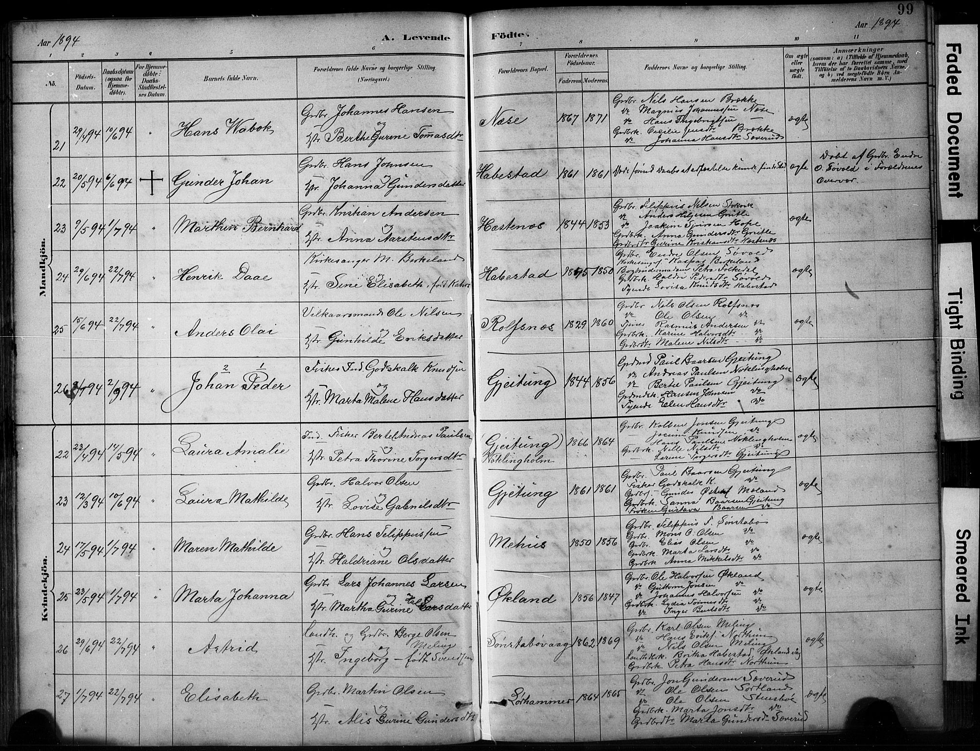 Finnås sokneprestembete, AV/SAB-A-99925/H/Ha/Hab/Habb/L0003: Klokkerbok nr. B 3, 1882-1897, s. 99