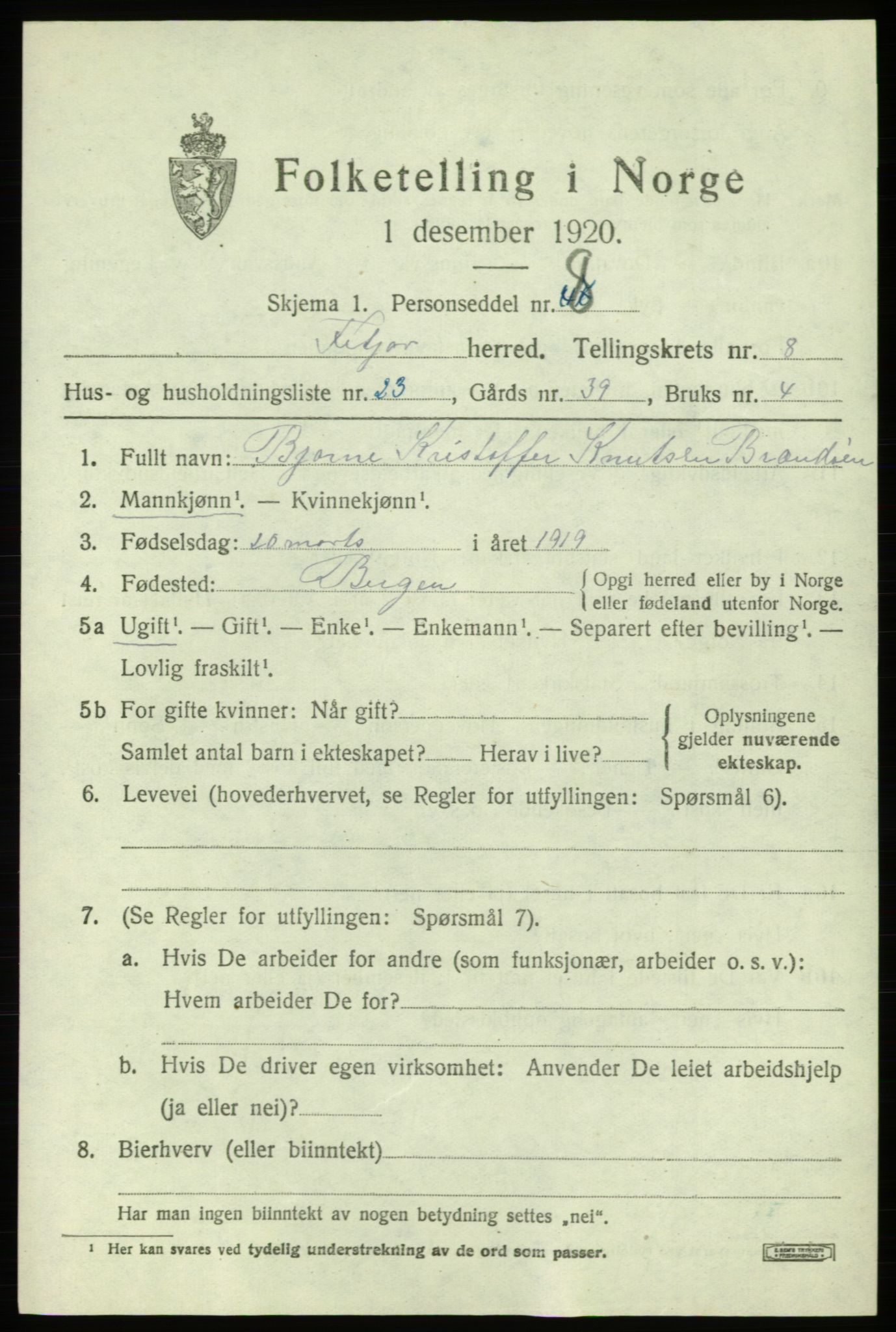 SAB, Folketelling 1920 for 1222 Fitjar herred, 1920, s. 3728