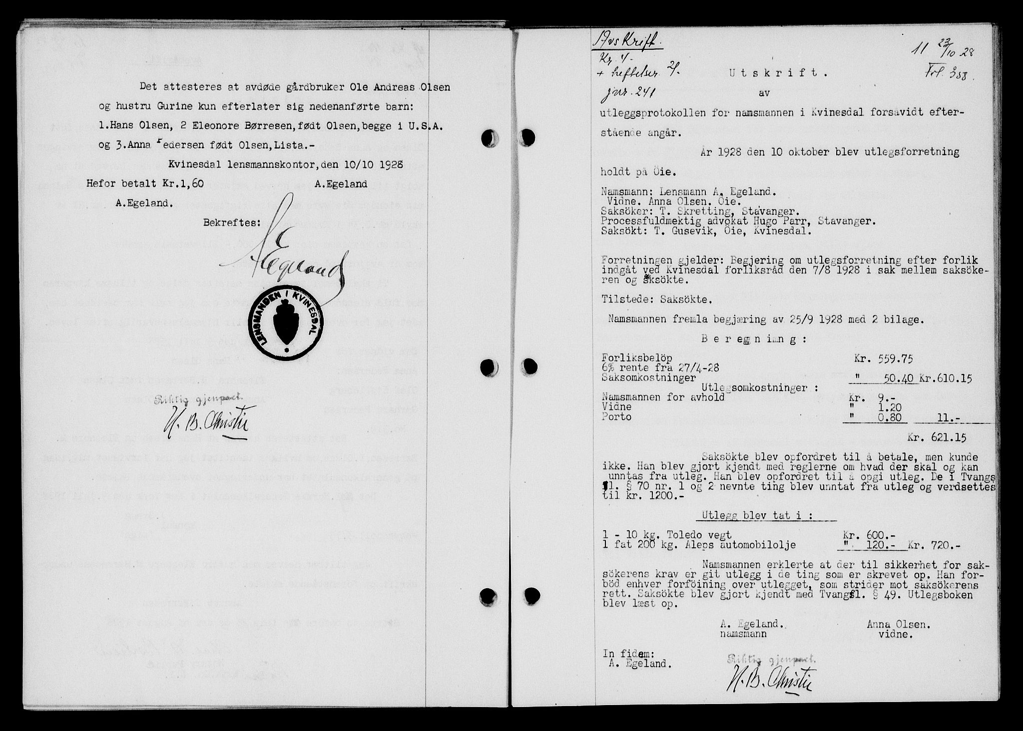 Flekkefjord sorenskriveri, SAK/1221-0001/G/Gb/Gba/L0044: Pantebok nr. 42, 1928-1929, Tingl.dato: 23.10.1928