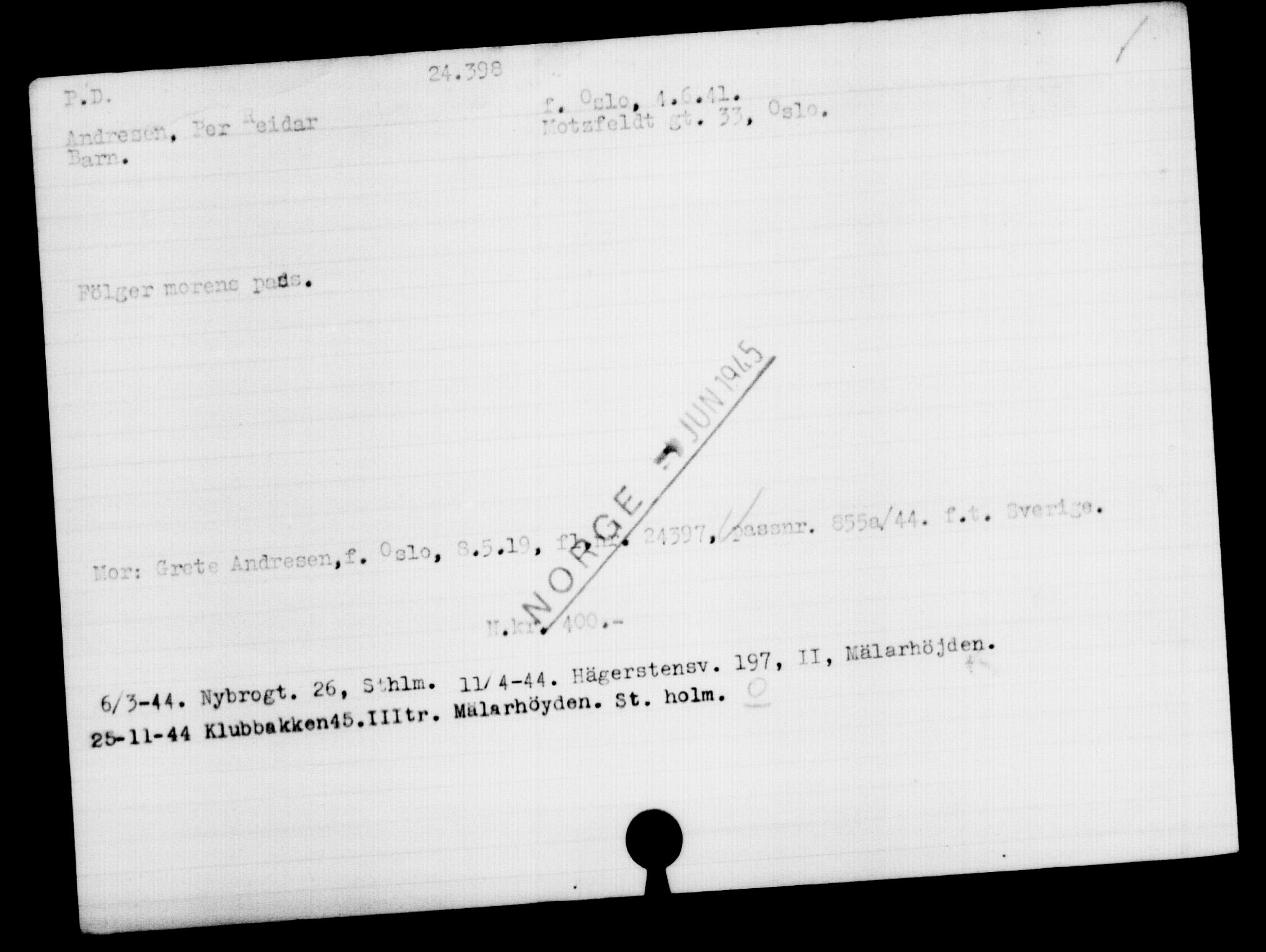 Utenriksstasjonene, Legasjonen i Stockholm, Flyktningkontoret, AV/RA-S-6753/V/Va/L0010: Kjesäterkartoteket, flyktninger med registreringsnr. 22000-25314, 1940-1945, s. 2535