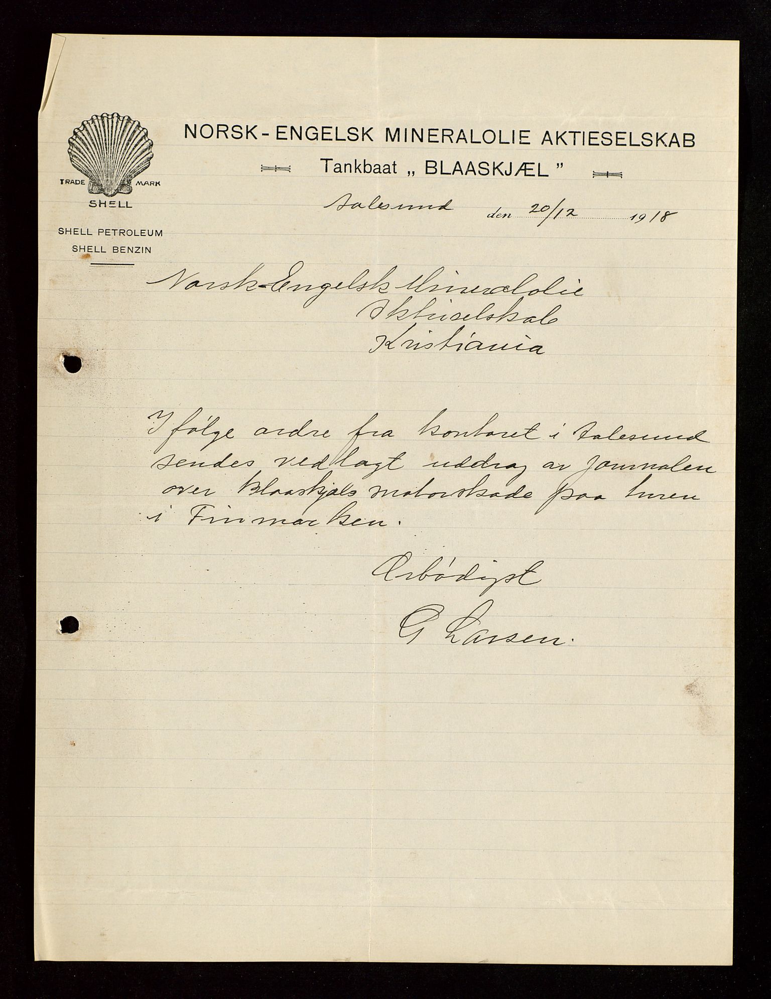 Pa 1521 - A/S Norske Shell, AV/SAST-A-101915/E/Ea/Eaa/L0003: Sjefskorrespondanse, 1918, s. 113