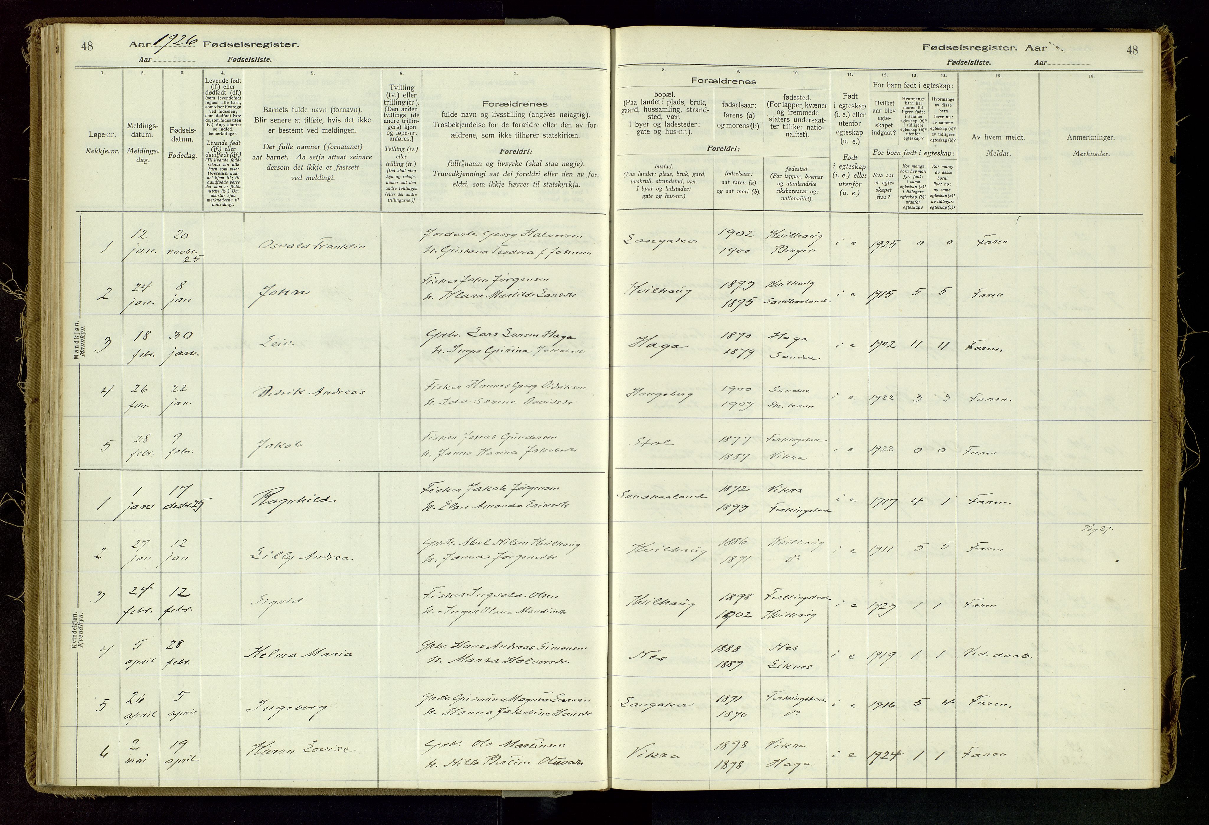 Skudenes sokneprestkontor, SAST/A -101849/I/Id/L0002: Fødselsregister nr. 2, 1916-1962, s. 48