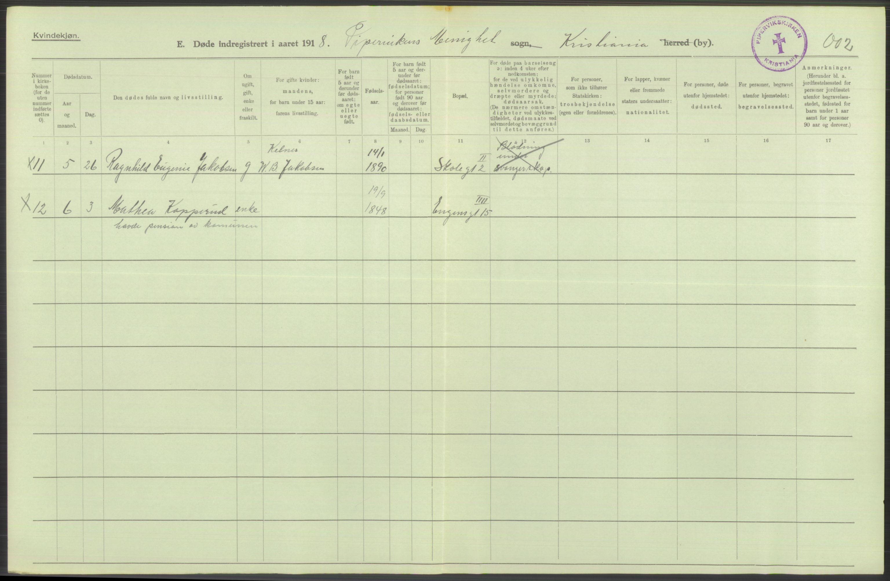 Statistisk sentralbyrå, Sosiodemografiske emner, Befolkning, AV/RA-S-2228/D/Df/Dfb/Dfbh/L0011: Kristiania: Døde, dødfødte, 1918, s. 58