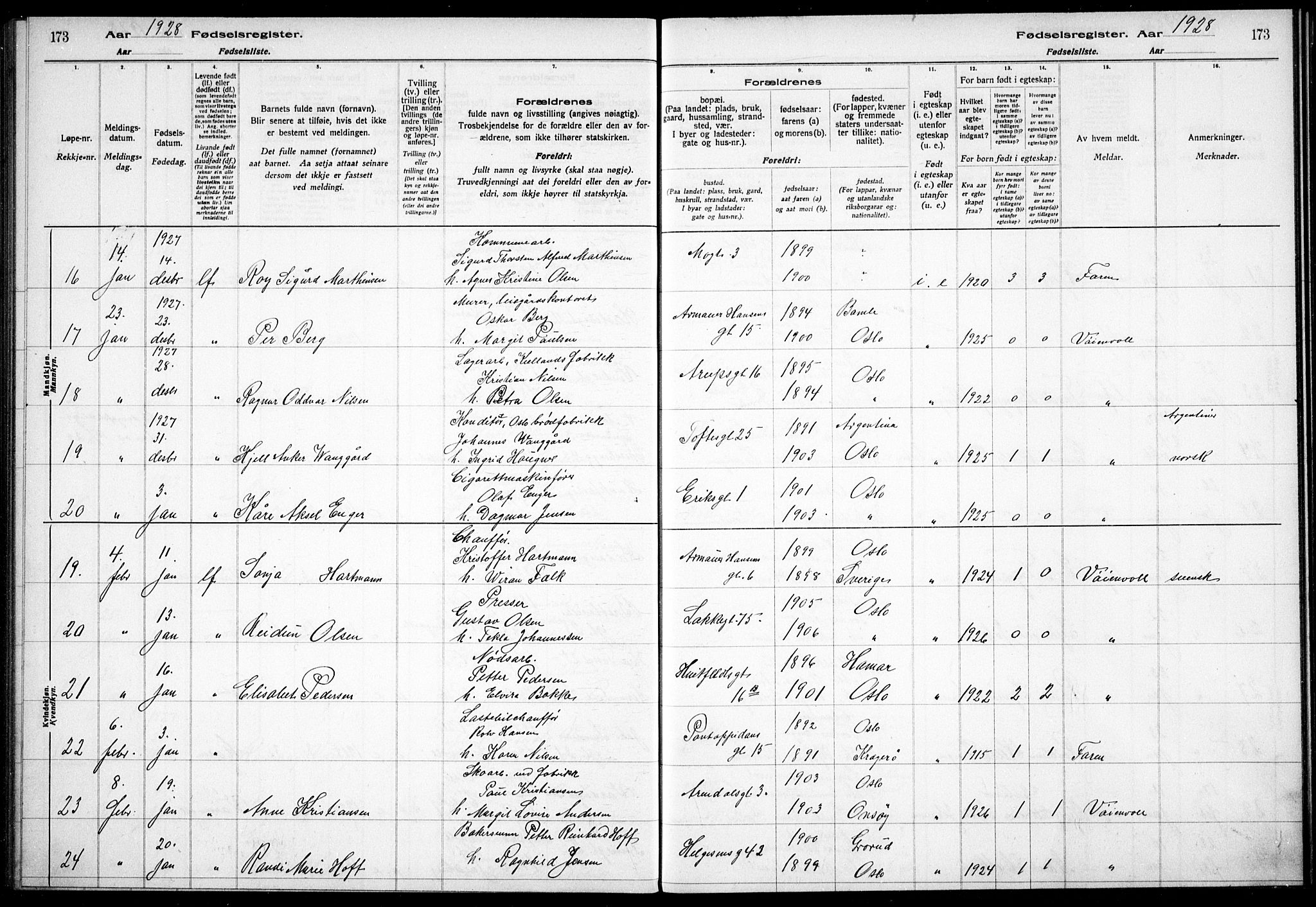 Sagene prestekontor Kirkebøker, AV/SAO-A-10796/J/L0004: Fødselsregister nr. 4, 1925-1928, s. 173