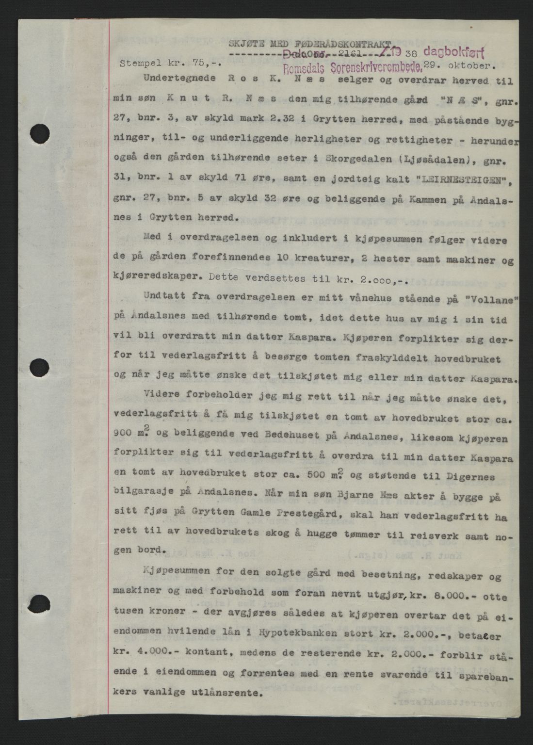 Romsdal sorenskriveri, SAT/A-4149/1/2/2C: Pantebok nr. A5, 1938-1938, Dagboknr: 2161/1938