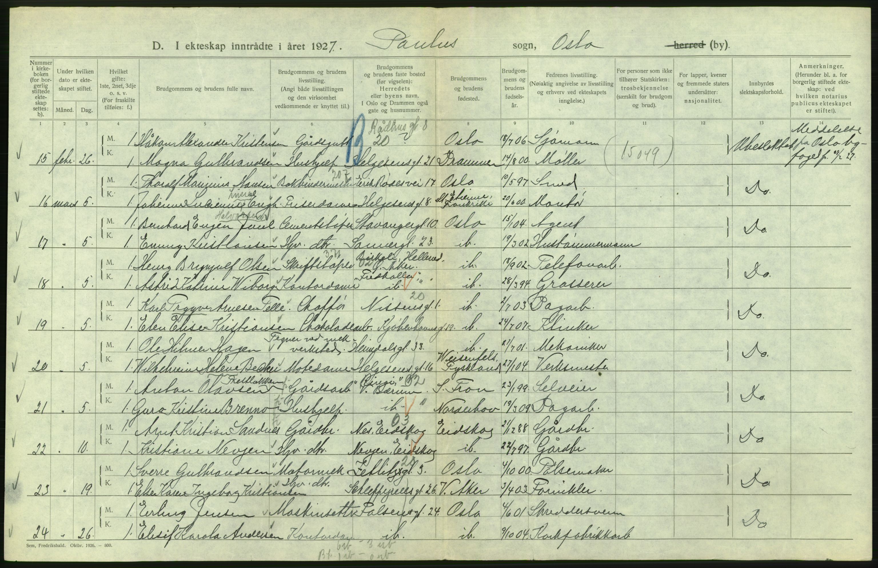 Statistisk sentralbyrå, Sosiodemografiske emner, Befolkning, AV/RA-S-2228/D/Df/Dfc/Dfcg/L0008: Oslo: Gifte, 1927, s. 446
