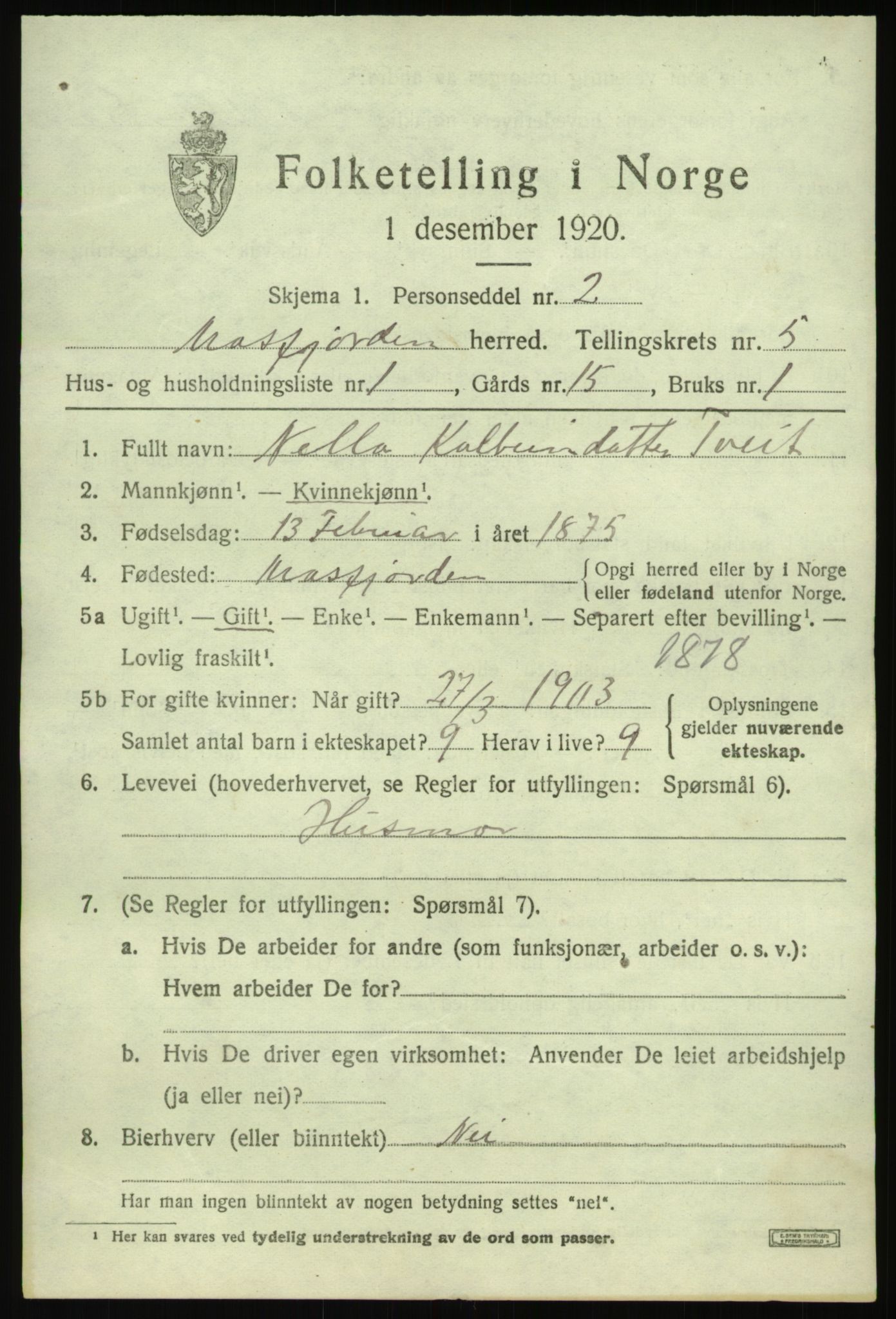 SAB, Folketelling 1920 for 1266 Masfjorden herred, 1920, s. 2061