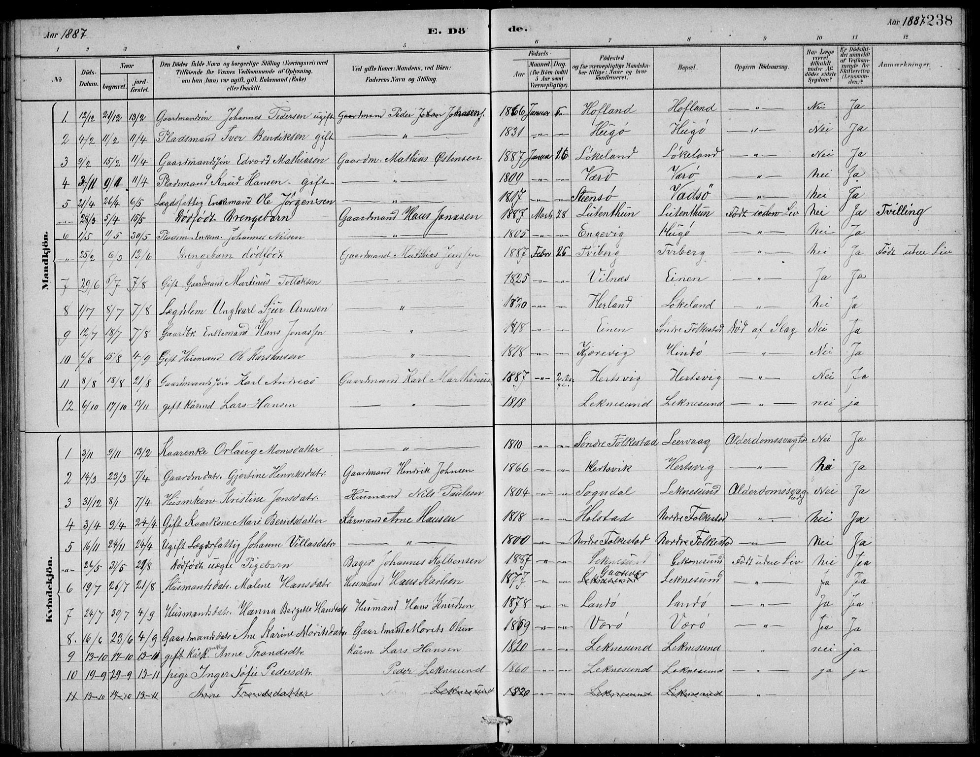 Askvoll sokneprestembete, AV/SAB-A-79501/H/Hab/Habb/L0001: Klokkerbok nr. B 1, 1879-1909, s. 238