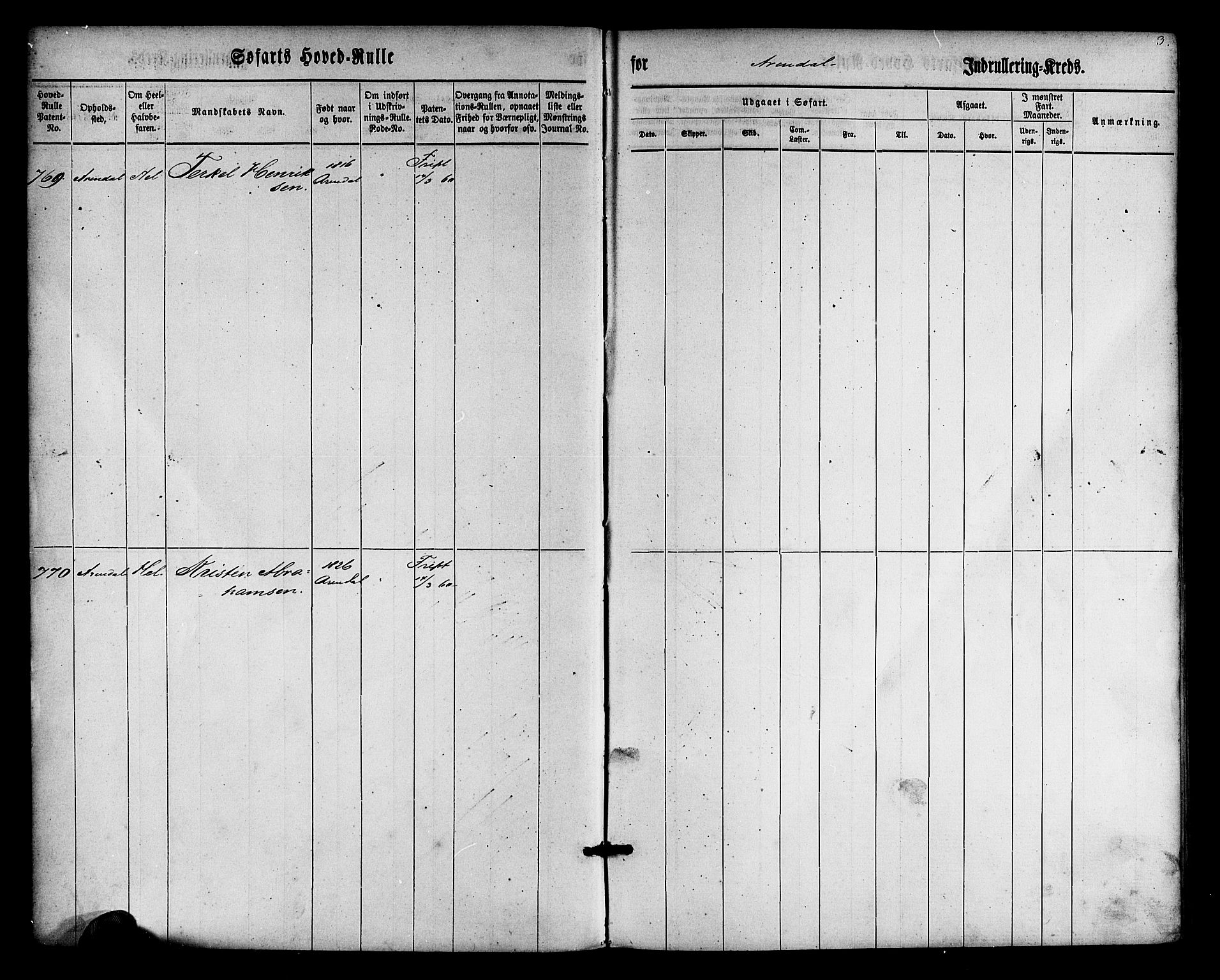 Arendal mønstringskrets, AV/SAK-2031-0012/F/Fb/L0009: Hovedrulle nr 767-1532, S-7, 1857-1864, s. 3