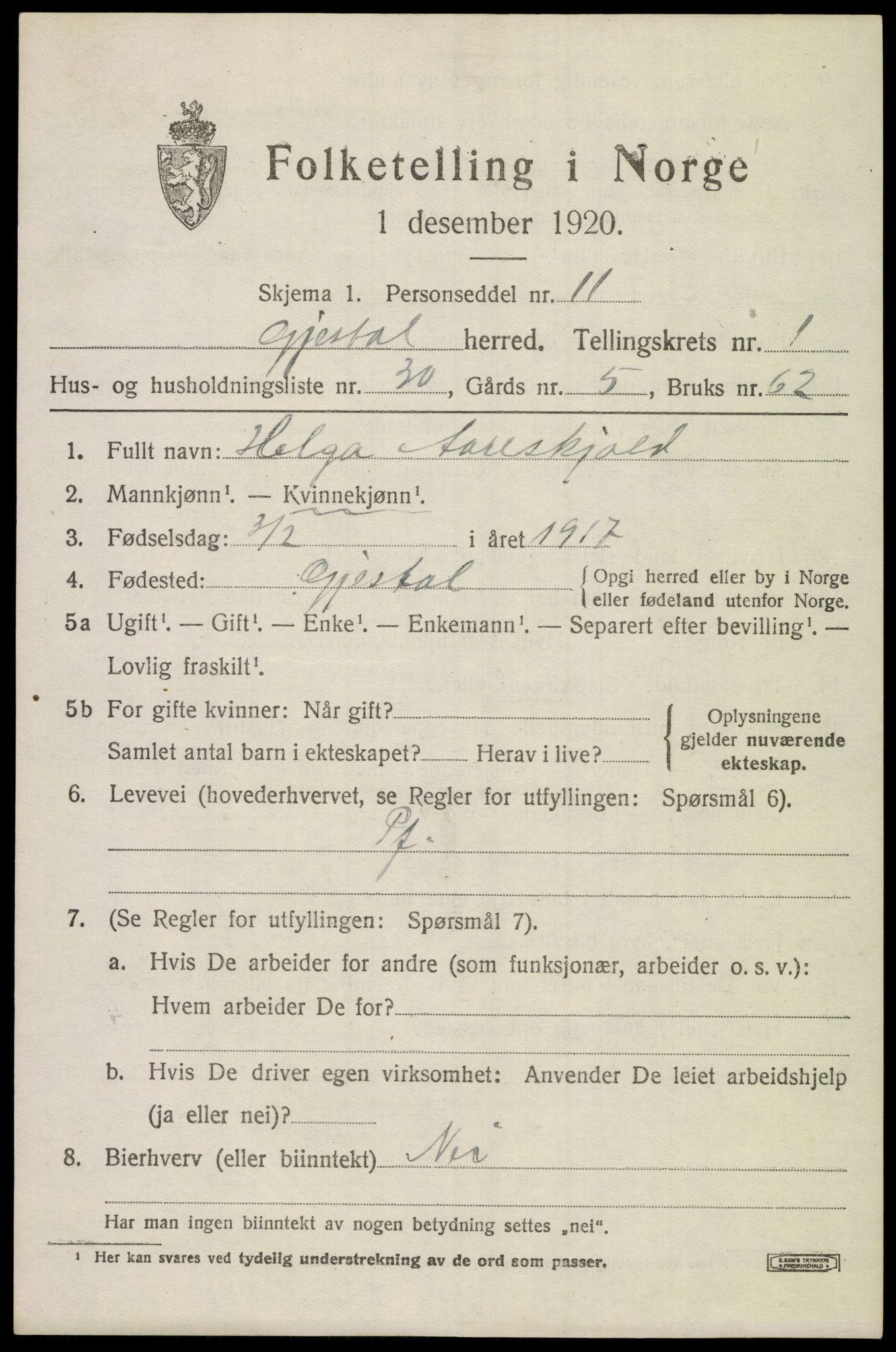 SAST, Folketelling 1920 for 1122 Gjesdal herred, 1920, s. 1030