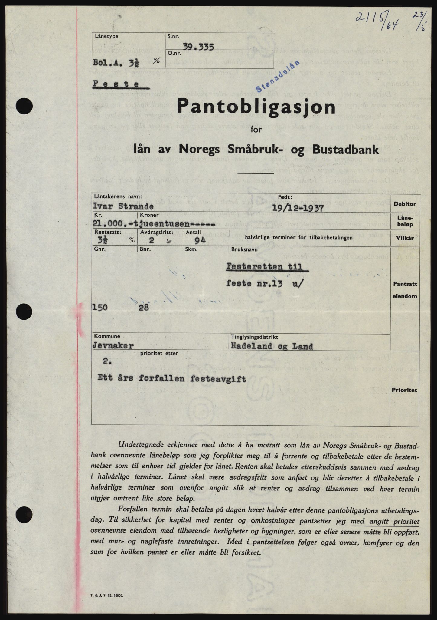 Hadeland og Land tingrett, SAH/TING-010/H/Hb/Hbc/L0055: Pantebok nr. B55, 1964-1964, Dagboknr: 2115/1964