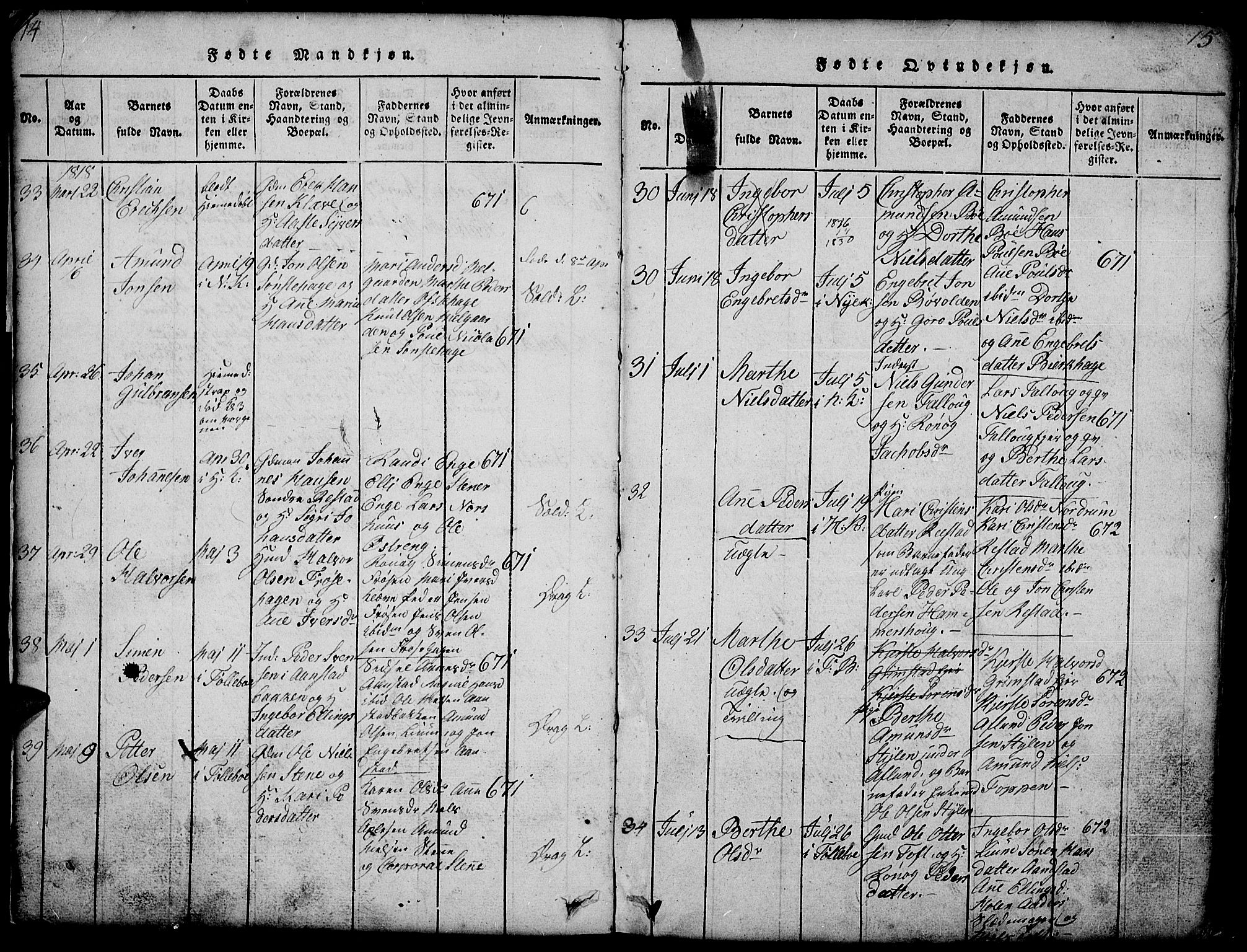 Gausdal prestekontor, AV/SAH-PREST-090/H/Ha/Hab/L0001: Klokkerbok nr. 1, 1817-1848, s. 14-15