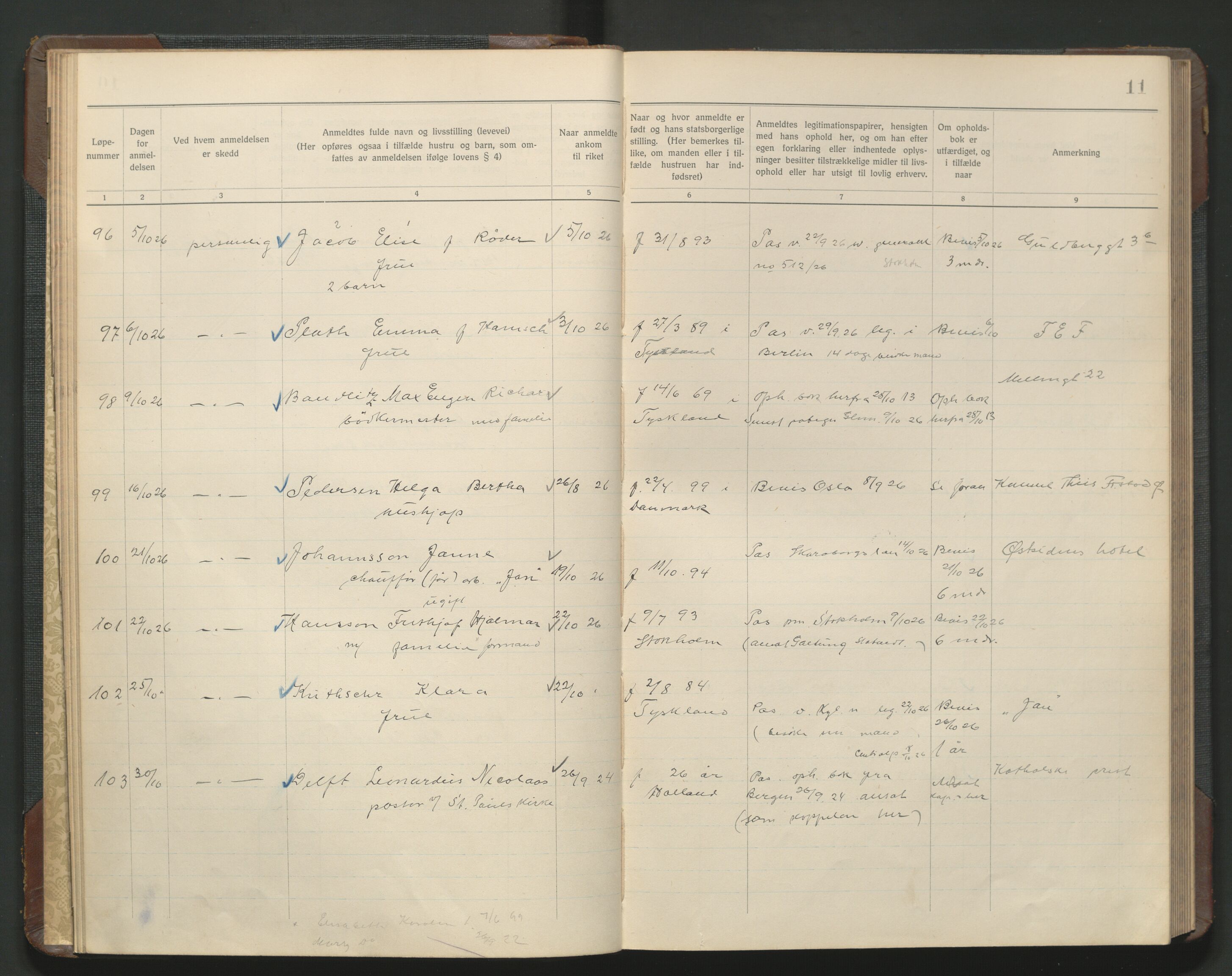 Fredrikstad politikammer, AV/SAO-A-10055/H/Hb/Hba/L0004: Protokoll over fremmede statsborgere, 1926-1927, s. 10b-11a