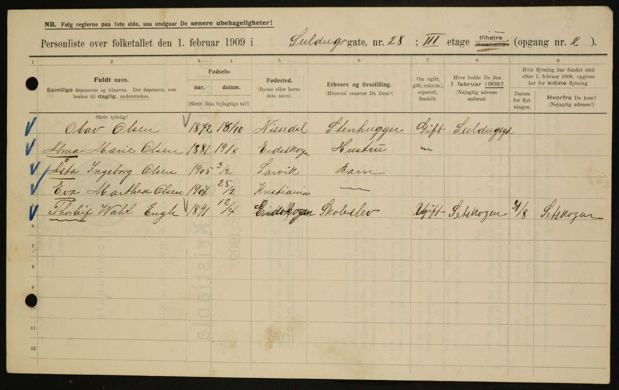 OBA, Kommunal folketelling 1.2.1909 for Kristiania kjøpstad, 1909, s. 85857