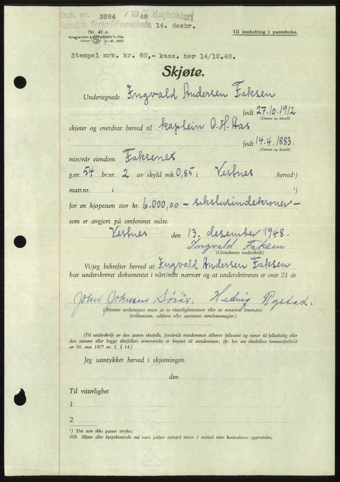 Romsdal sorenskriveri, AV/SAT-A-4149/1/2/2C: Pantebok nr. A28, 1948-1949, Dagboknr: 3264/1948