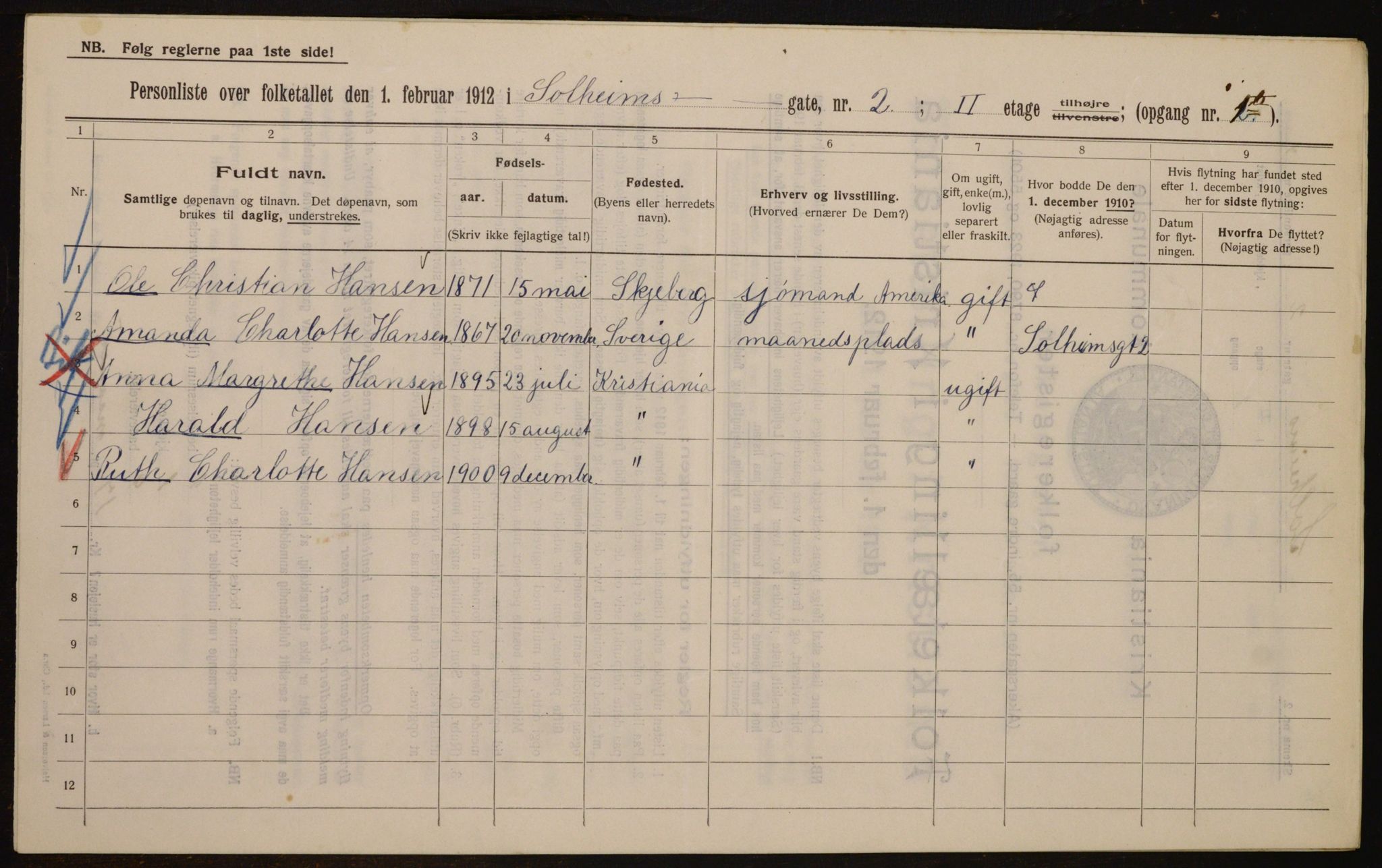 OBA, Kommunal folketelling 1.2.1912 for Kristiania, 1912, s. 99845