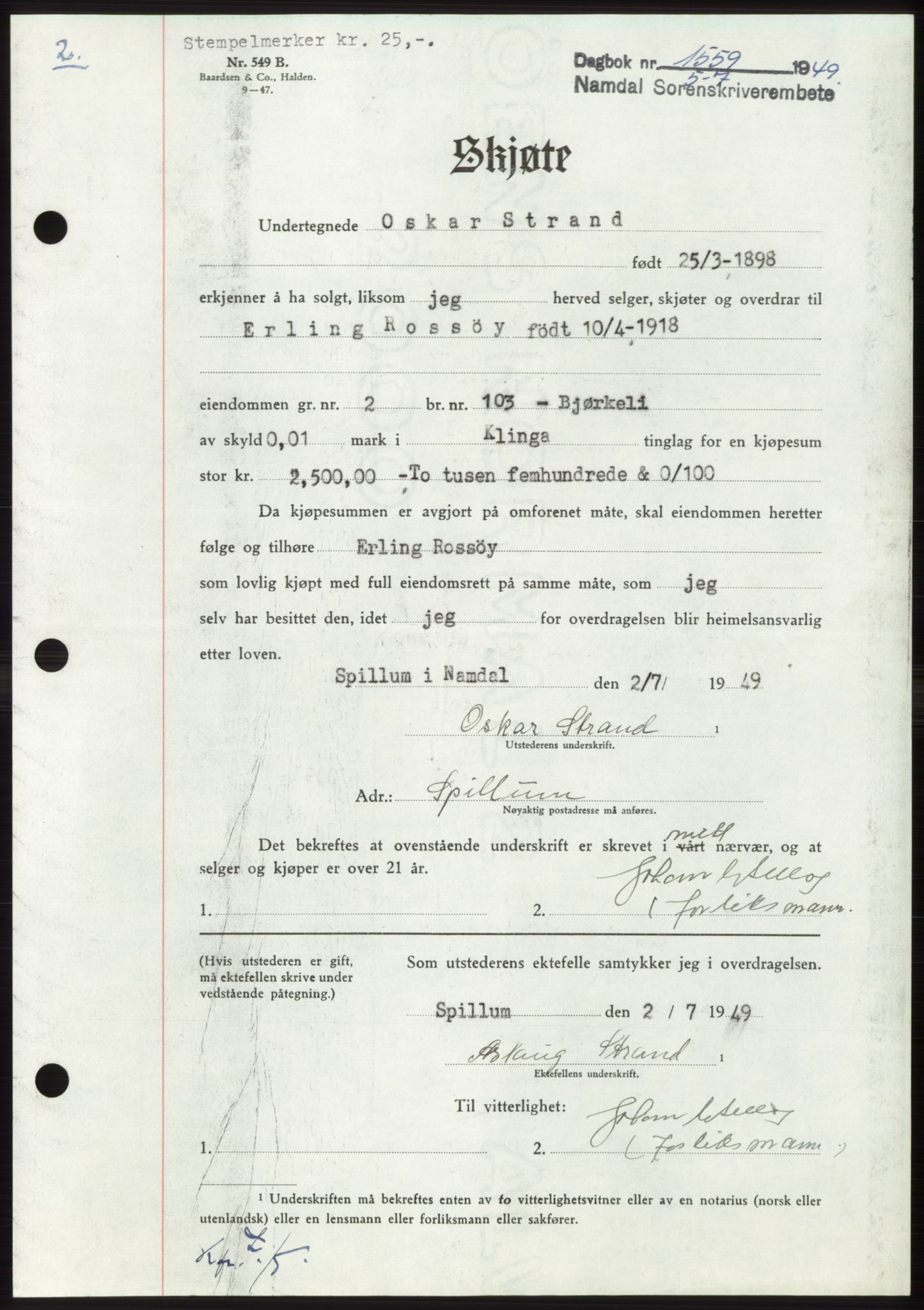 Namdal sorenskriveri, SAT/A-4133/1/2/2C: Pantebok nr. -, 1949-1949, Dagboknr: 1559/1949