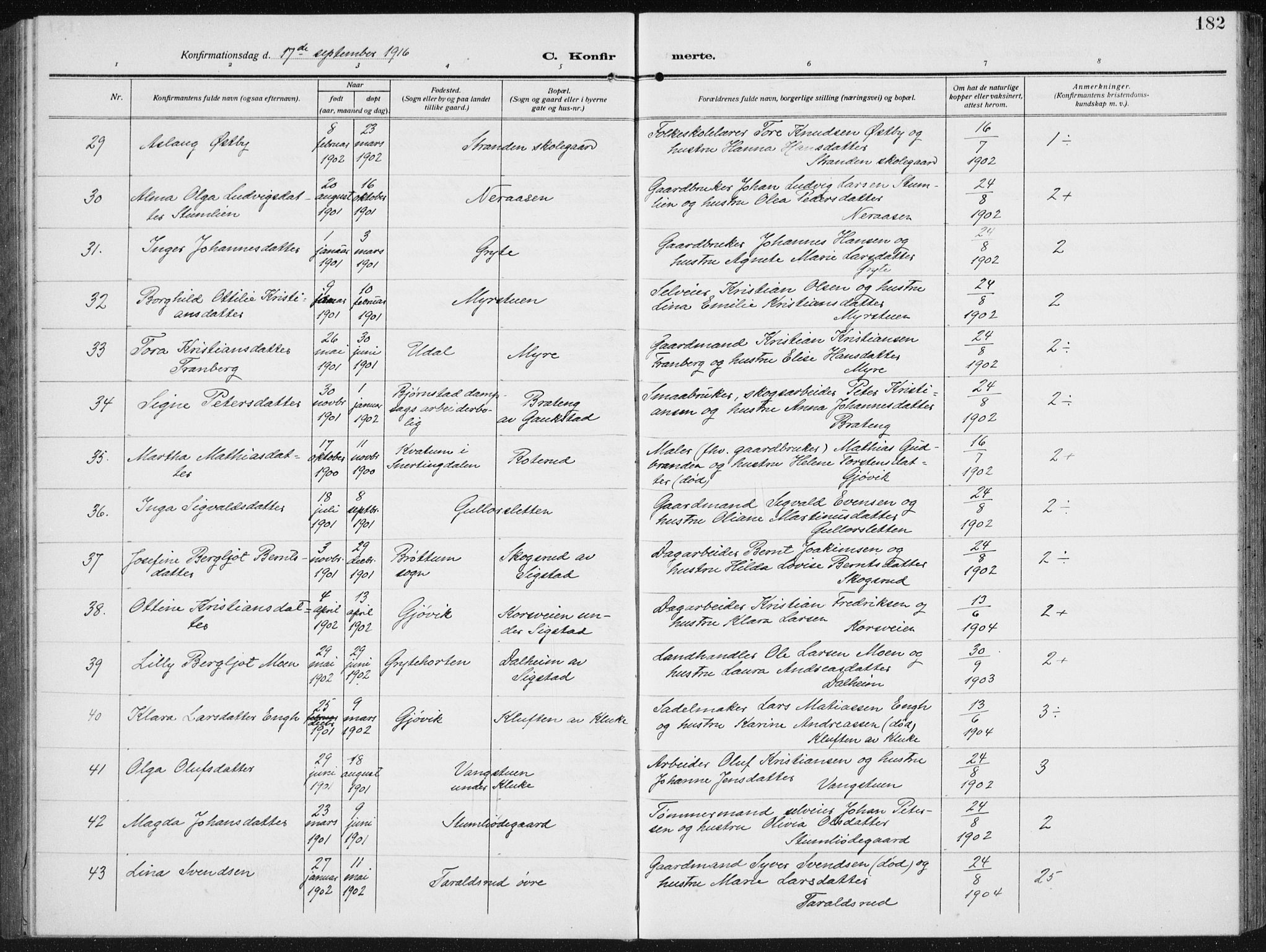 Biri prestekontor, AV/SAH-PREST-096/H/Ha/Hab/L0006: Klokkerbok nr. 6, 1909-1938, s. 182