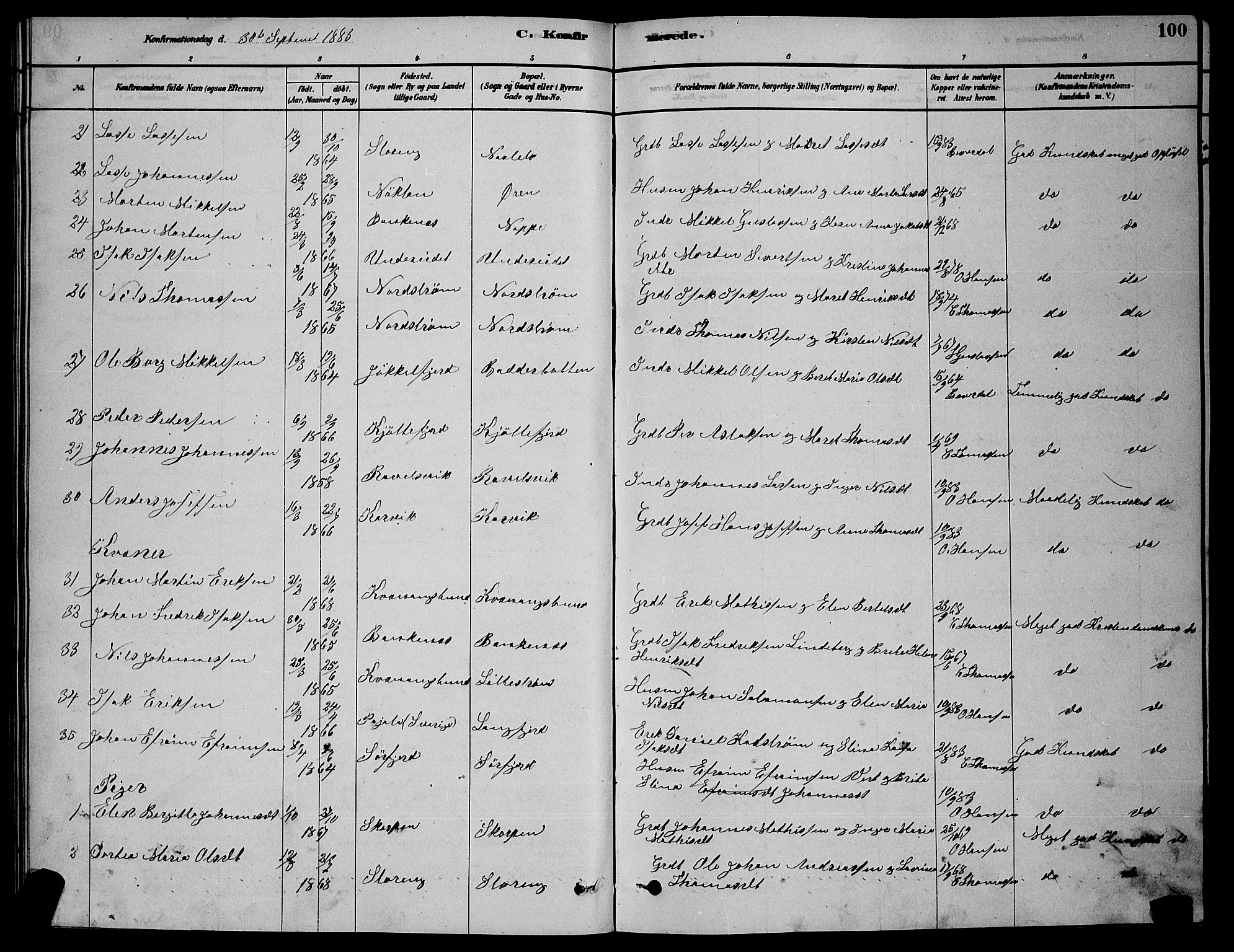 Skjervøy sokneprestkontor, AV/SATØ-S-1300/H/Ha/Hab/L0015klokker: Klokkerbok nr. 15, 1878-1890, s. 100