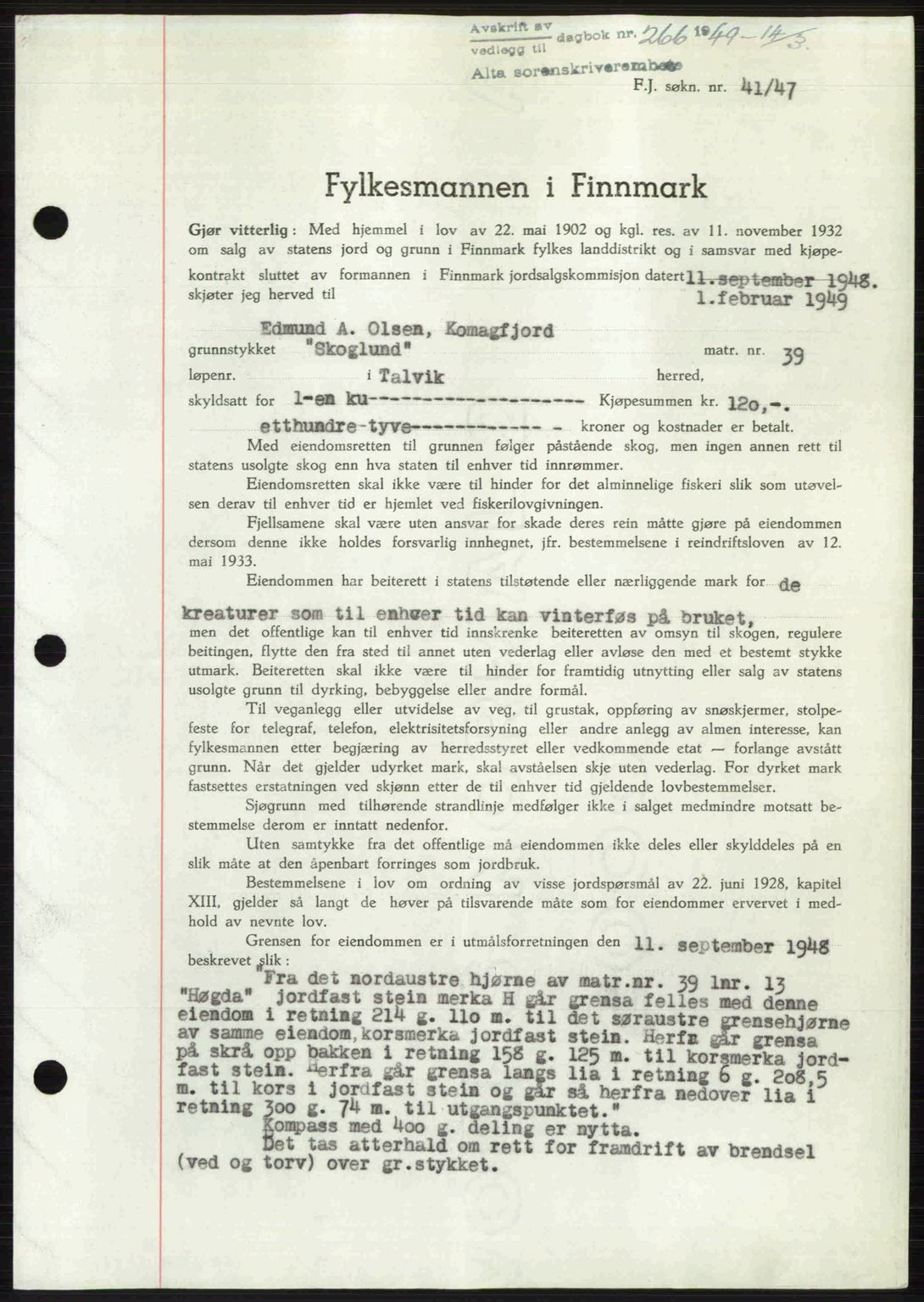 Alta fogderi/sorenskriveri, SATØ/SATØ-5/1/K/Kd/L0037pantebok: Pantebok nr. 39-40, 1948-1949, Dagboknr: 266/1949