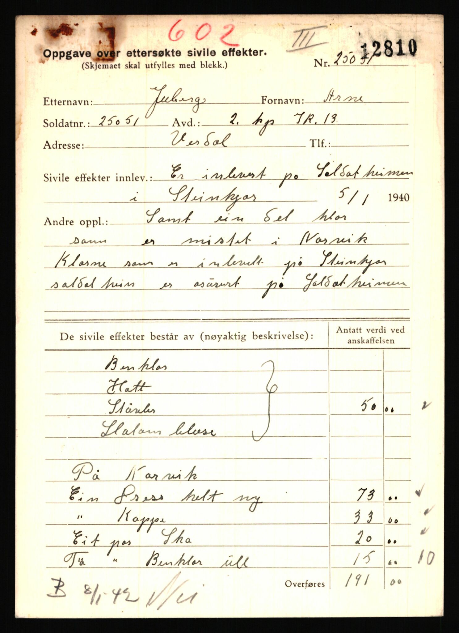 Justisdepartementet, Oppgjørsavdelingen, AV/RA-S-1056/G/Gb/L0042: Oppgaver over ettersøkte sivile effekter: Juberg - Karlsen, J., 1940-1942, s. 3