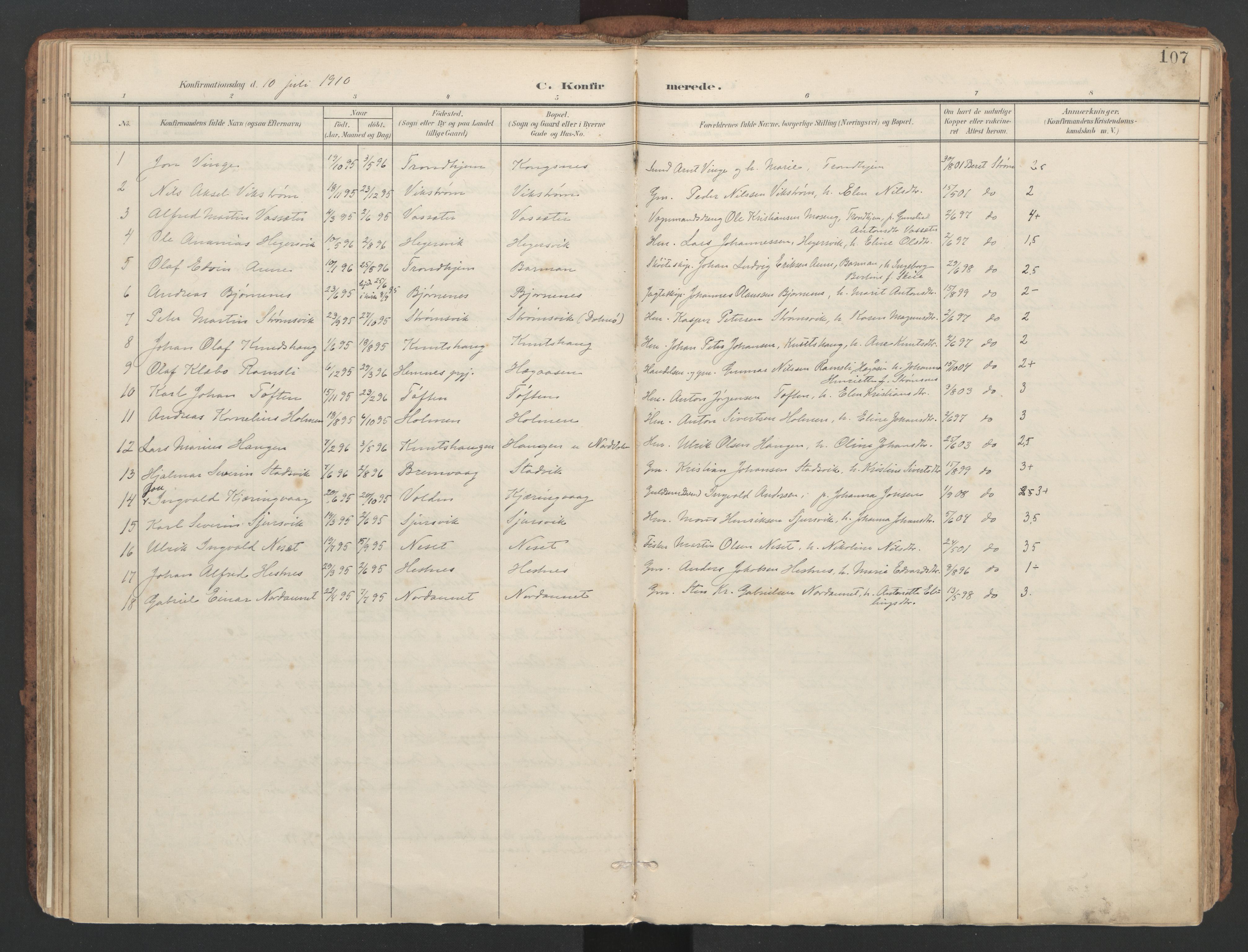 Ministerialprotokoller, klokkerbøker og fødselsregistre - Sør-Trøndelag, AV/SAT-A-1456/634/L0537: Ministerialbok nr. 634A13, 1896-1922, s. 107