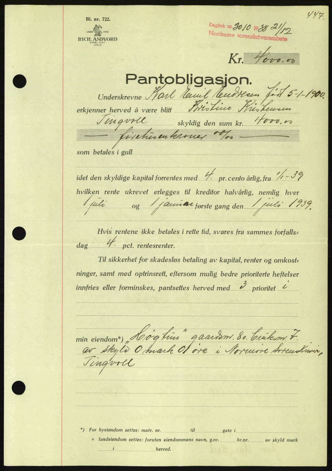 Nordmøre sorenskriveri, AV/SAT-A-4132/1/2/2Ca: Pantebok nr. B84, 1938-1939, Dagboknr: 3010/1938