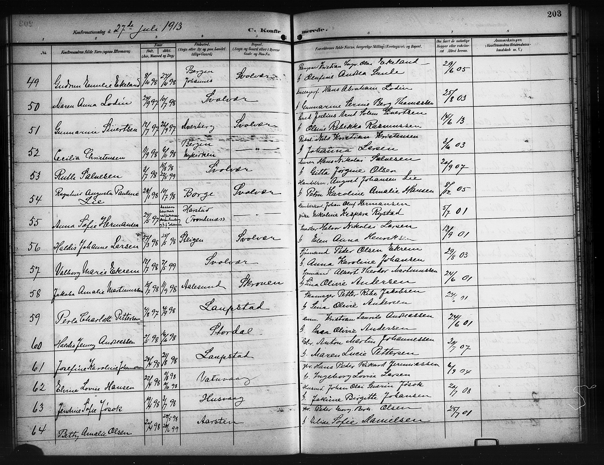 Ministerialprotokoller, klokkerbøker og fødselsregistre - Nordland, AV/SAT-A-1459/874/L1079: Klokkerbok nr. 874C08, 1907-1915, s. 203