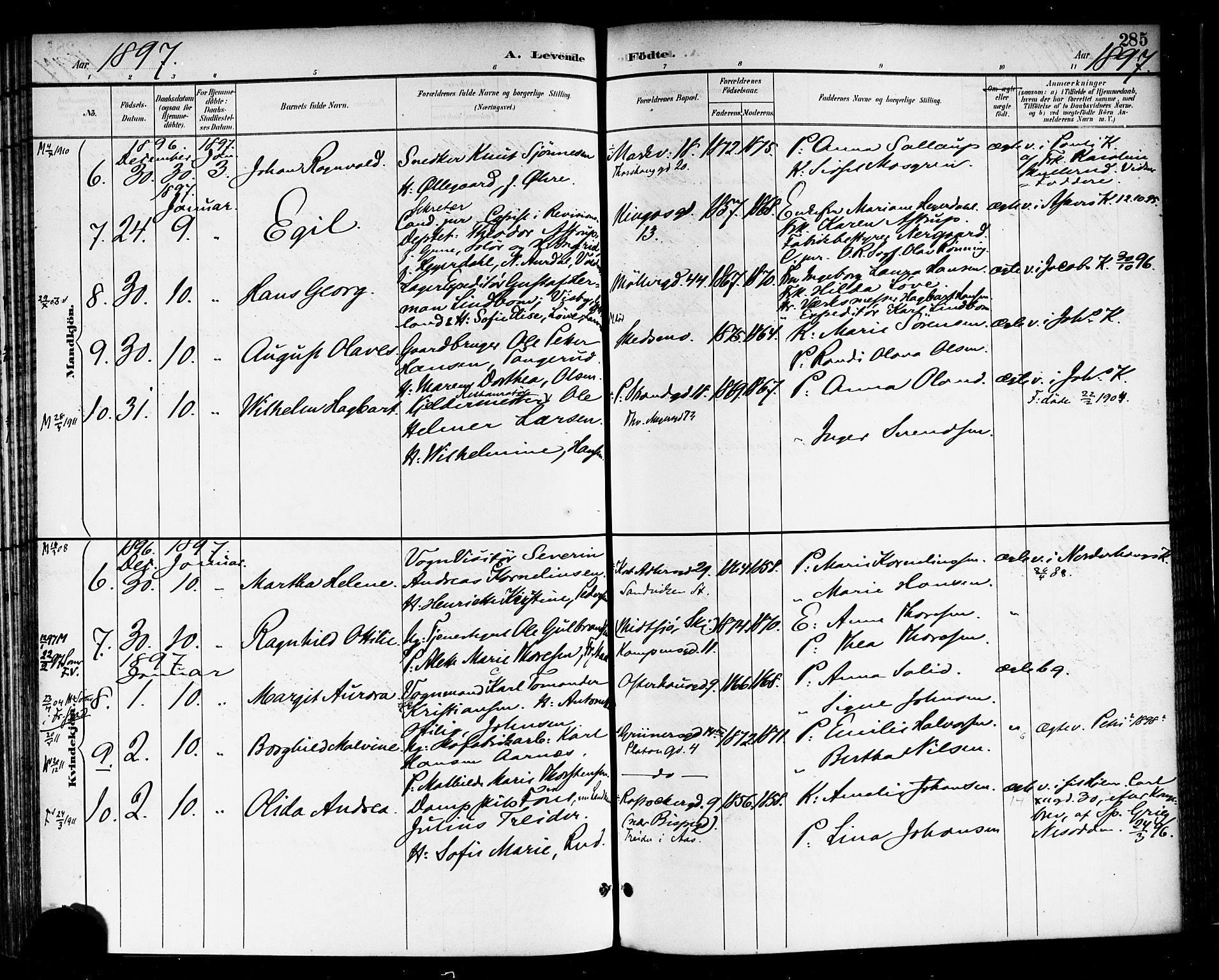 Rikshospitalet prestekontor Kirkebøker, AV/SAO-A-10309b/F/L0009: Ministerialbok nr. 9, 1894-1897, s. 285