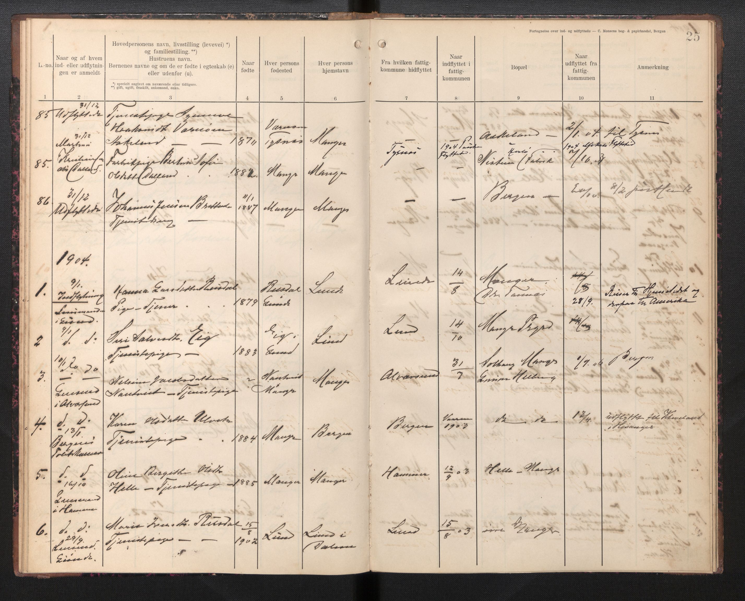 Lensmannen i Manger, SAB/A-33701/0020/L0001: Protokoll over inn- og utflytte, 1901-1906