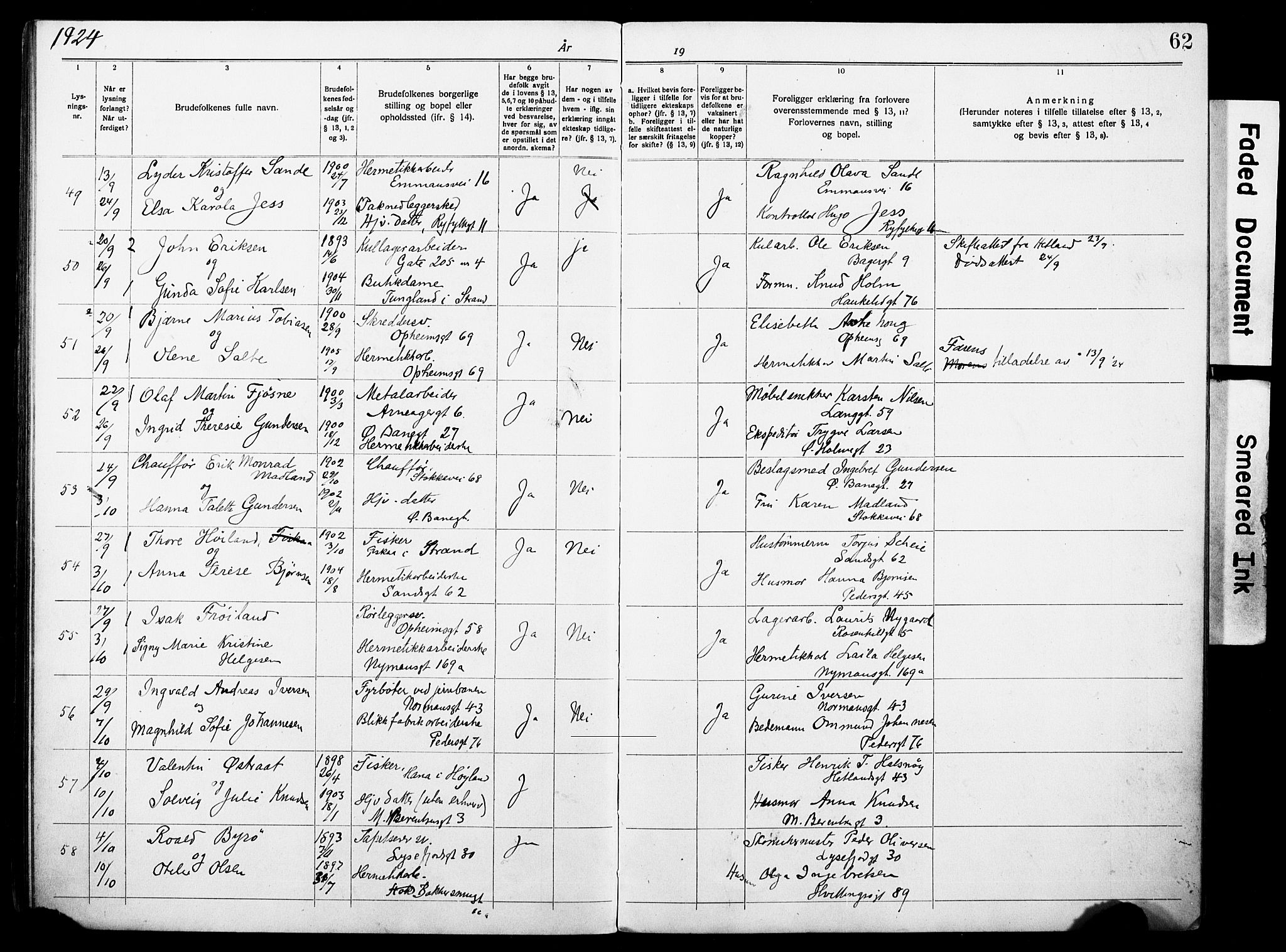 St. Johannes sokneprestkontor, AV/SAST-A-101814/001/70/705BA/L0004: Lysningsprotokoll nr. 4, 1919-1928, s. 62