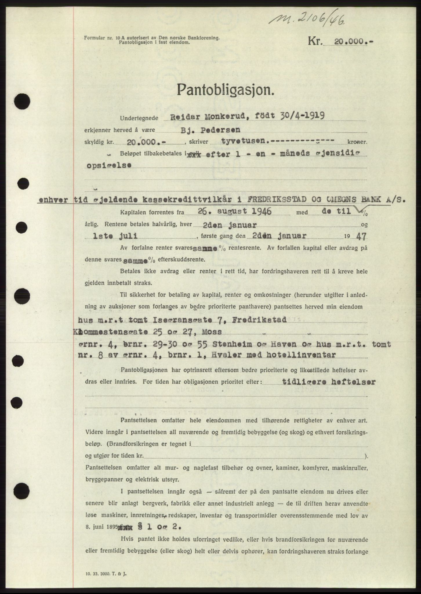 Moss sorenskriveri, SAO/A-10168: Pantebok nr. B15, 1946-1946, Dagboknr: 2106/1946