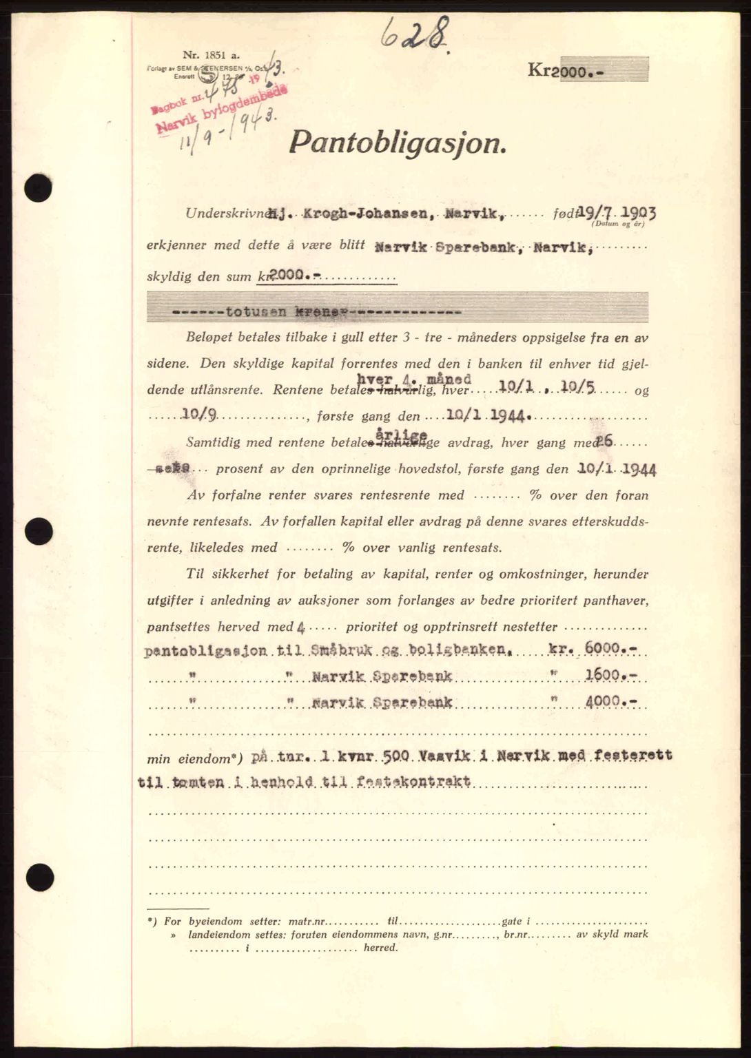 Narvik sorenskriveri, SAT/A-0002/1/2/2C/2Ca: Pantebok nr. A19, 1942-1943, Dagboknr: 475/1943