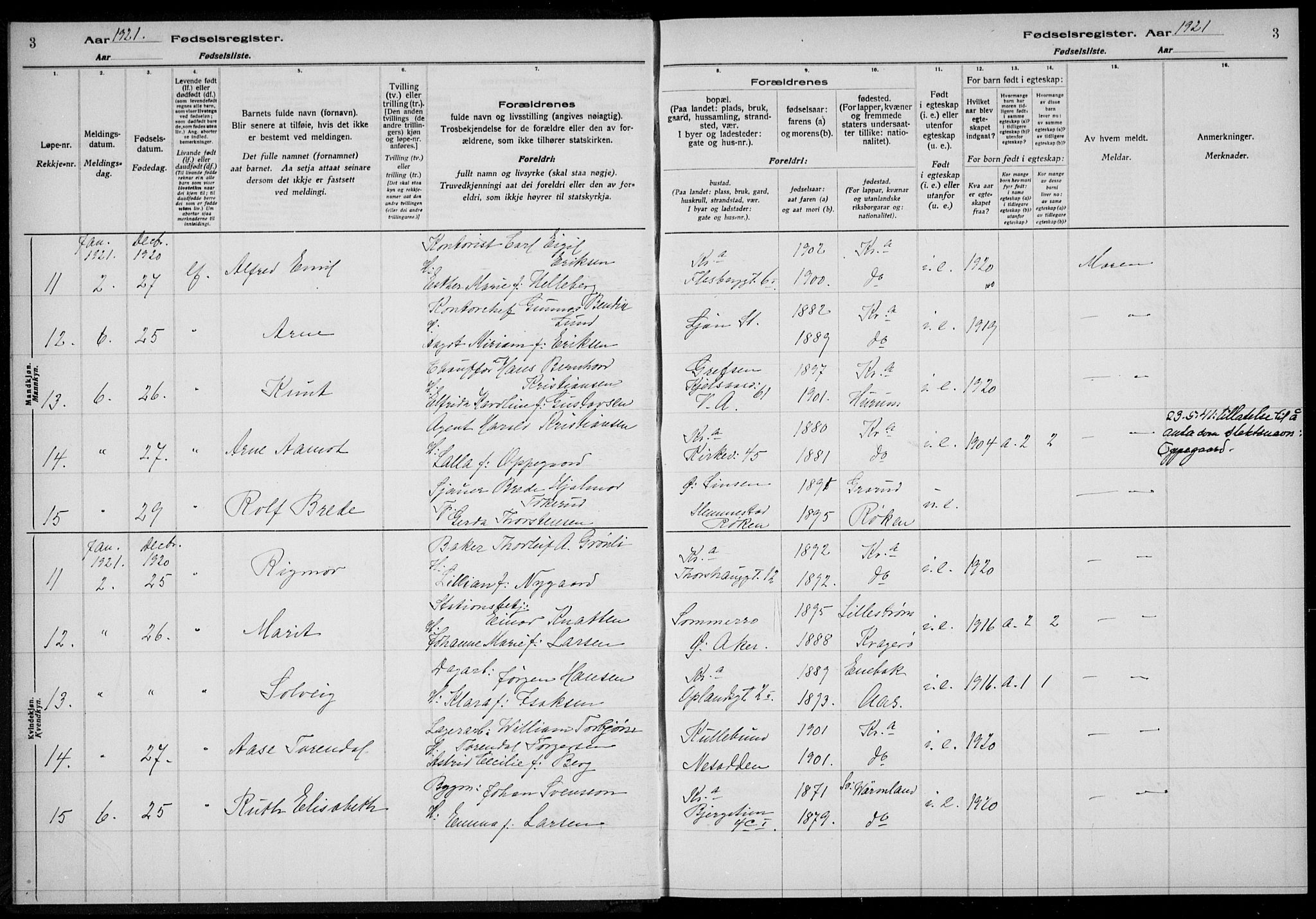 Rikshospitalet prestekontor Kirkebøker, AV/SAO-A-10309b/J/L0006: Fødselsregister nr. 6, 1921-1921, s. 3