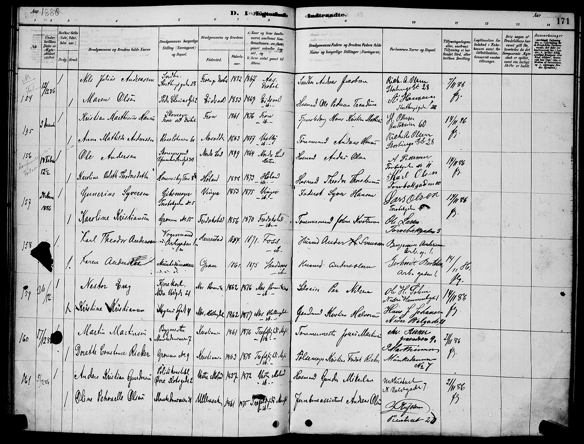 Trefoldighet prestekontor Kirkebøker, AV/SAO-A-10882/H/Ha/L0003: Lysningsprotokoll nr. 3, 1878-1888, s. 171