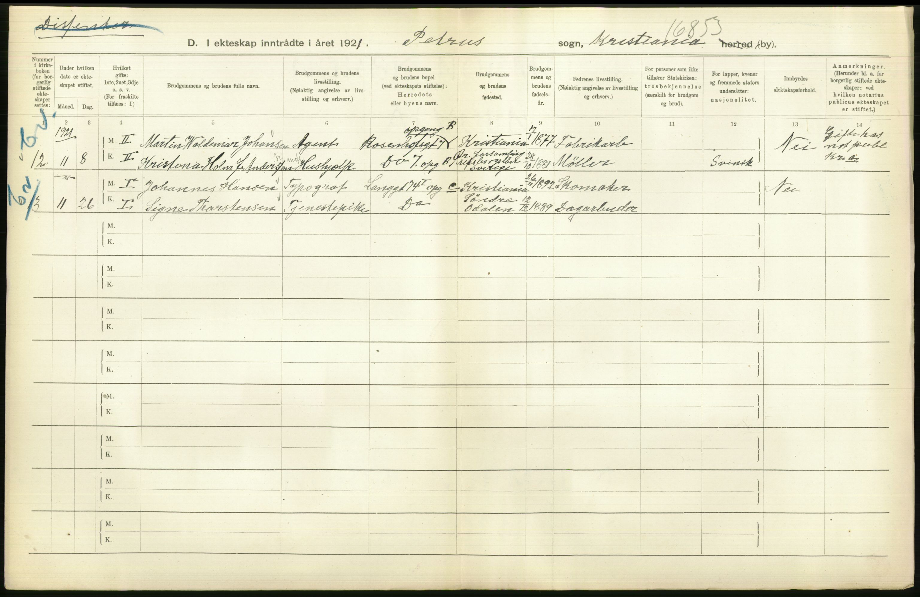 Statistisk sentralbyrå, Sosiodemografiske emner, Befolkning, AV/RA-S-2228/D/Df/Dfc/Dfca/L0011: Kristiania: Gifte, 1921, s. 488