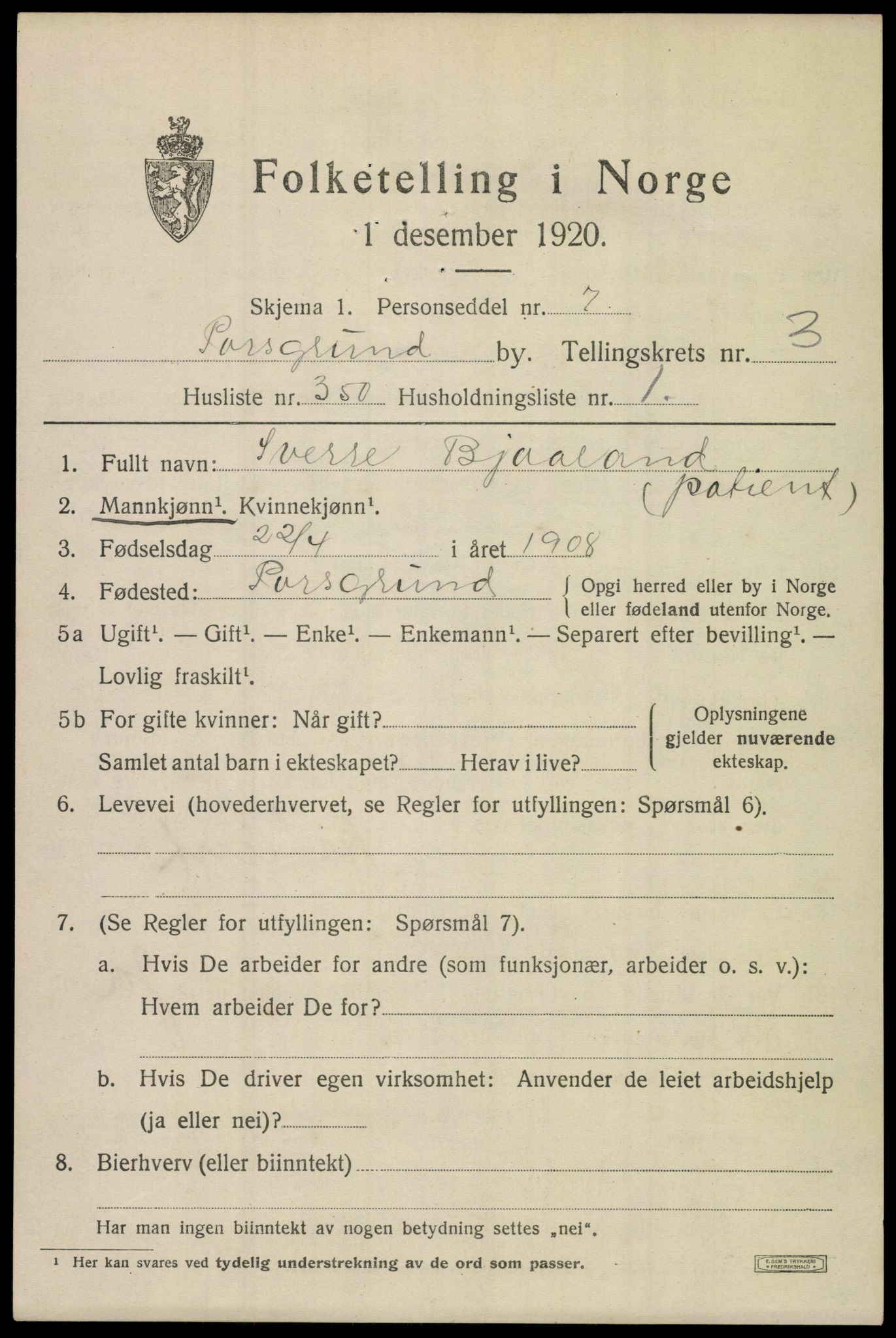 SAKO, Folketelling 1920 for 0805 Porsgrunn kjøpstad, 1920, s. 18881