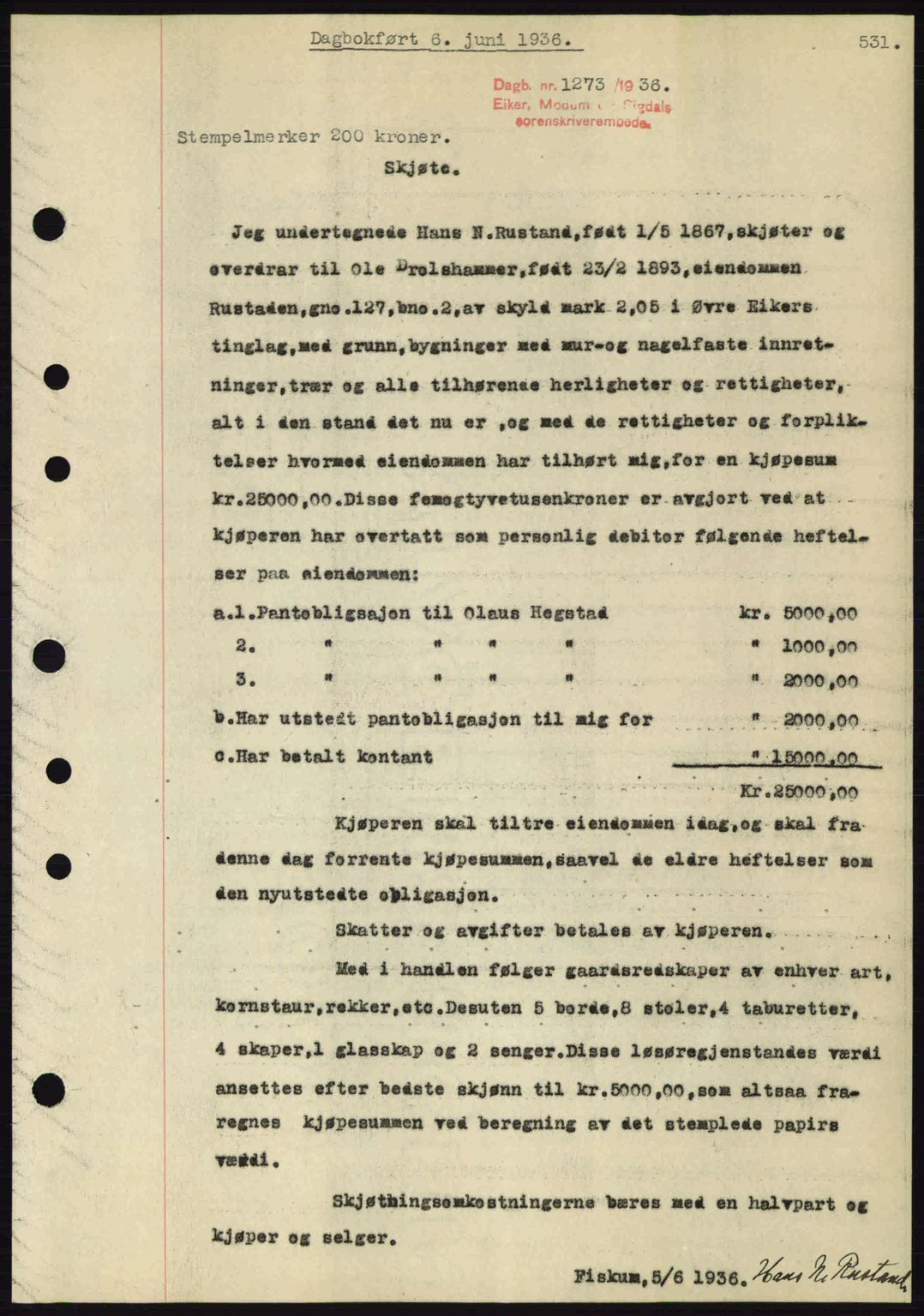 Eiker, Modum og Sigdal sorenskriveri, SAKO/A-123/G/Ga/Gab/L0032: Pantebok nr. A2, 1936-1936, Dagboknr: 1273/1936