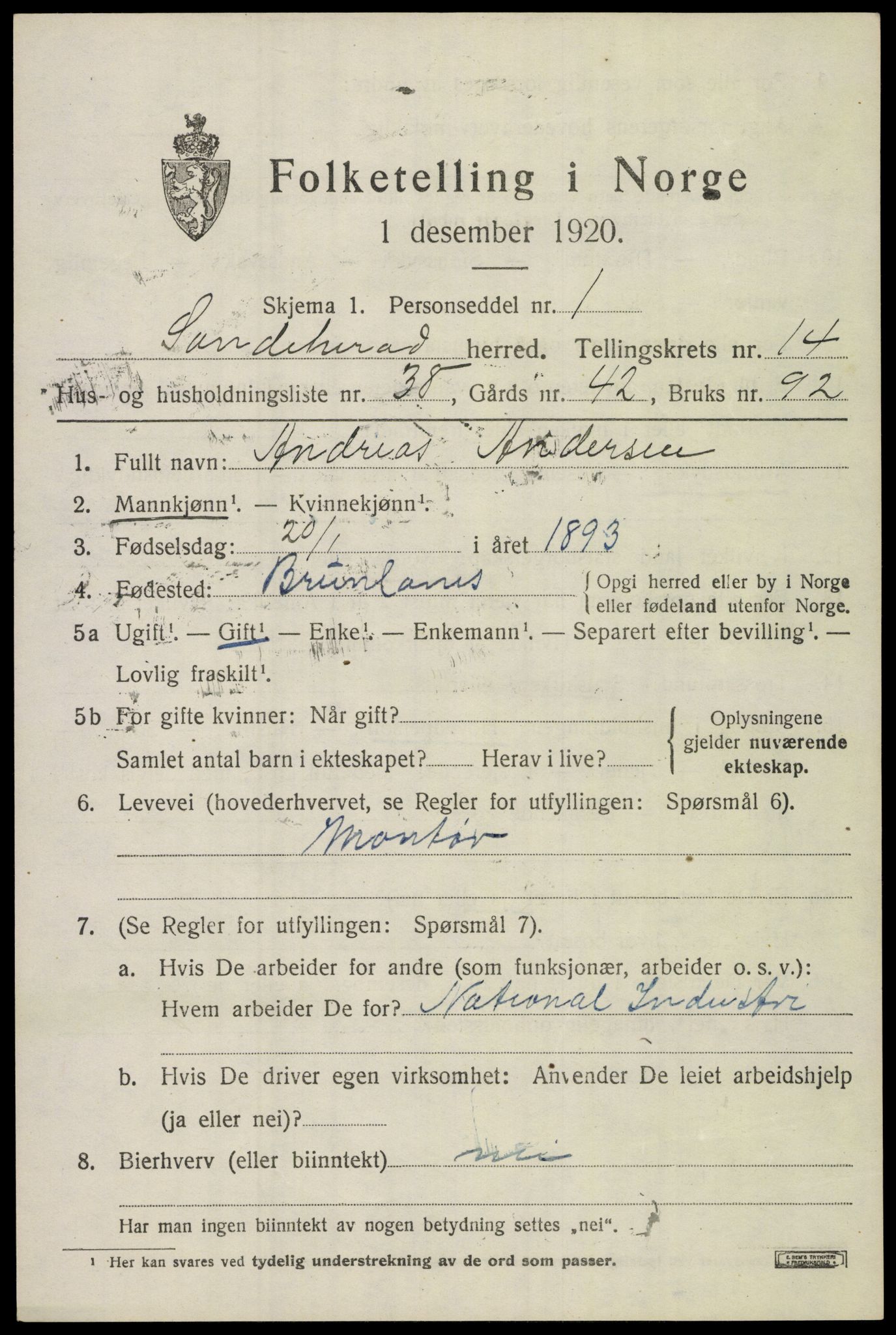 SAKO, Folketelling 1920 for 0724 Sandeherred herred, 1920, s. 20698