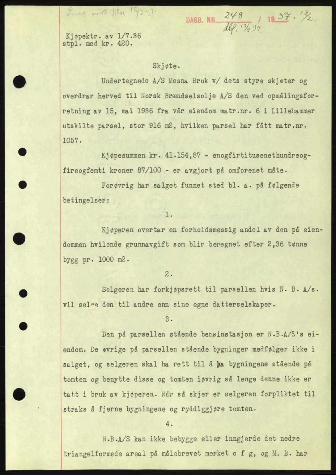 Sør-Gudbrandsdal tingrett, SAH/TING-004/H/Hb/Hbd/L0002: Pantebok nr. A2, 1936-1937, Dagboknr: 248/1937
