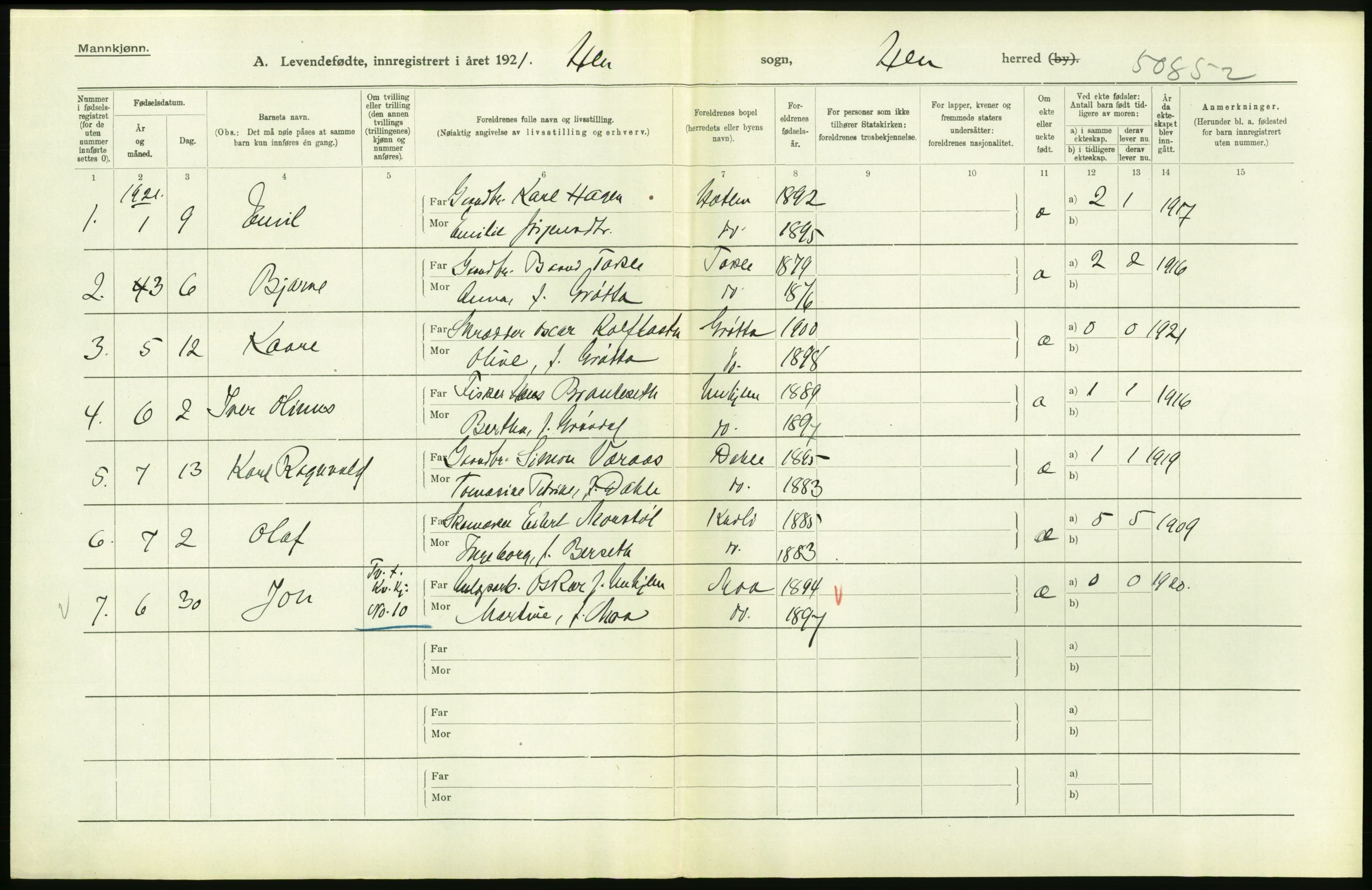 Statistisk sentralbyrå, Sosiodemografiske emner, Befolkning, AV/RA-S-2228/D/Df/Dfc/Dfca/L0040: Møre fylke: Levendefødte menn og kvinner. Bygder., 1921, s. 354