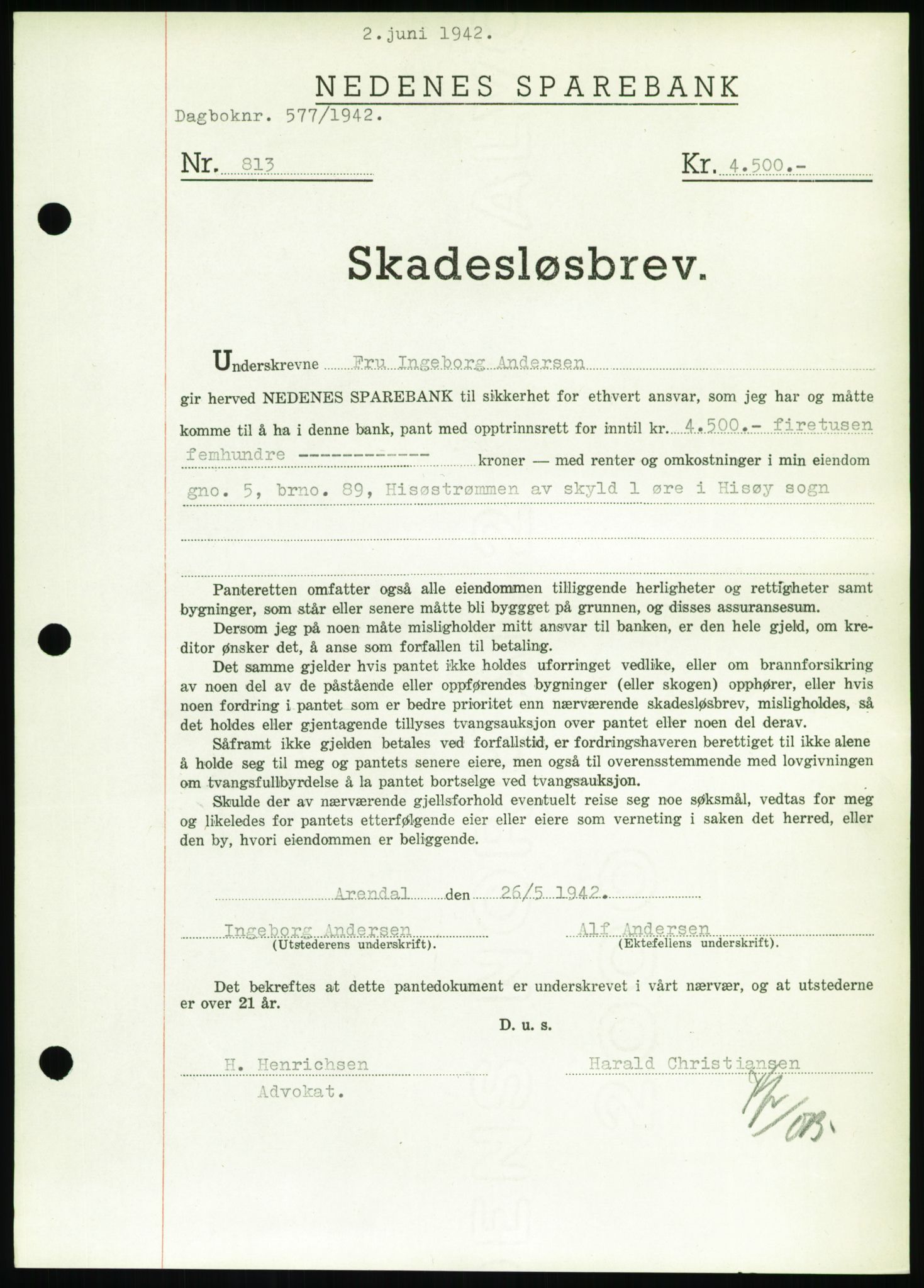 Nedenes sorenskriveri, SAK/1221-0006/G/Gb/Gbb/L0002: Pantebok nr. II, 1942-1945, Dagboknr: 577/1942