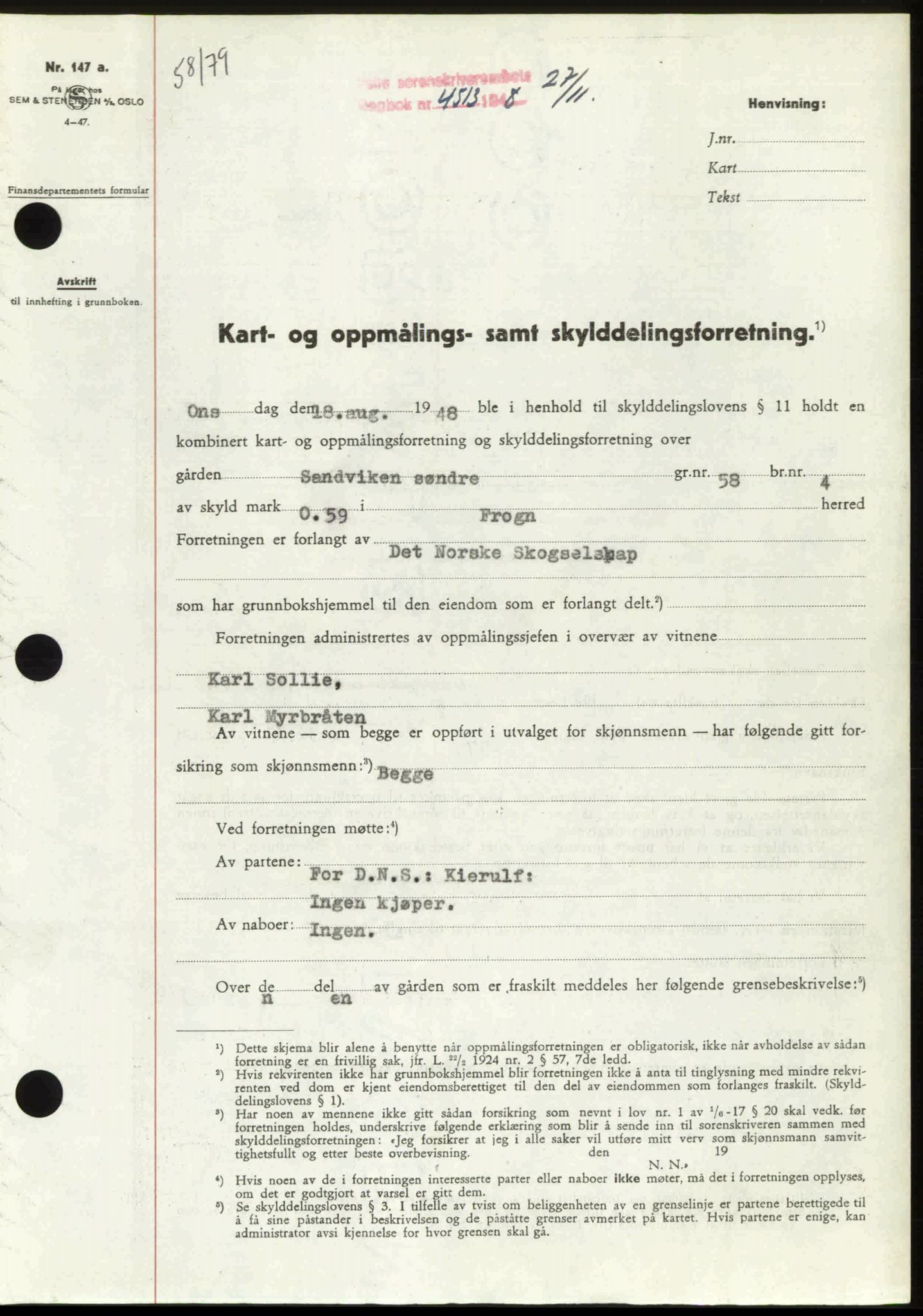 Follo sorenskriveri, SAO/A-10274/G/Ga/Gaa/L0085: Pantebok nr. I 85, 1948-1948, Dagboknr: 4513/1948