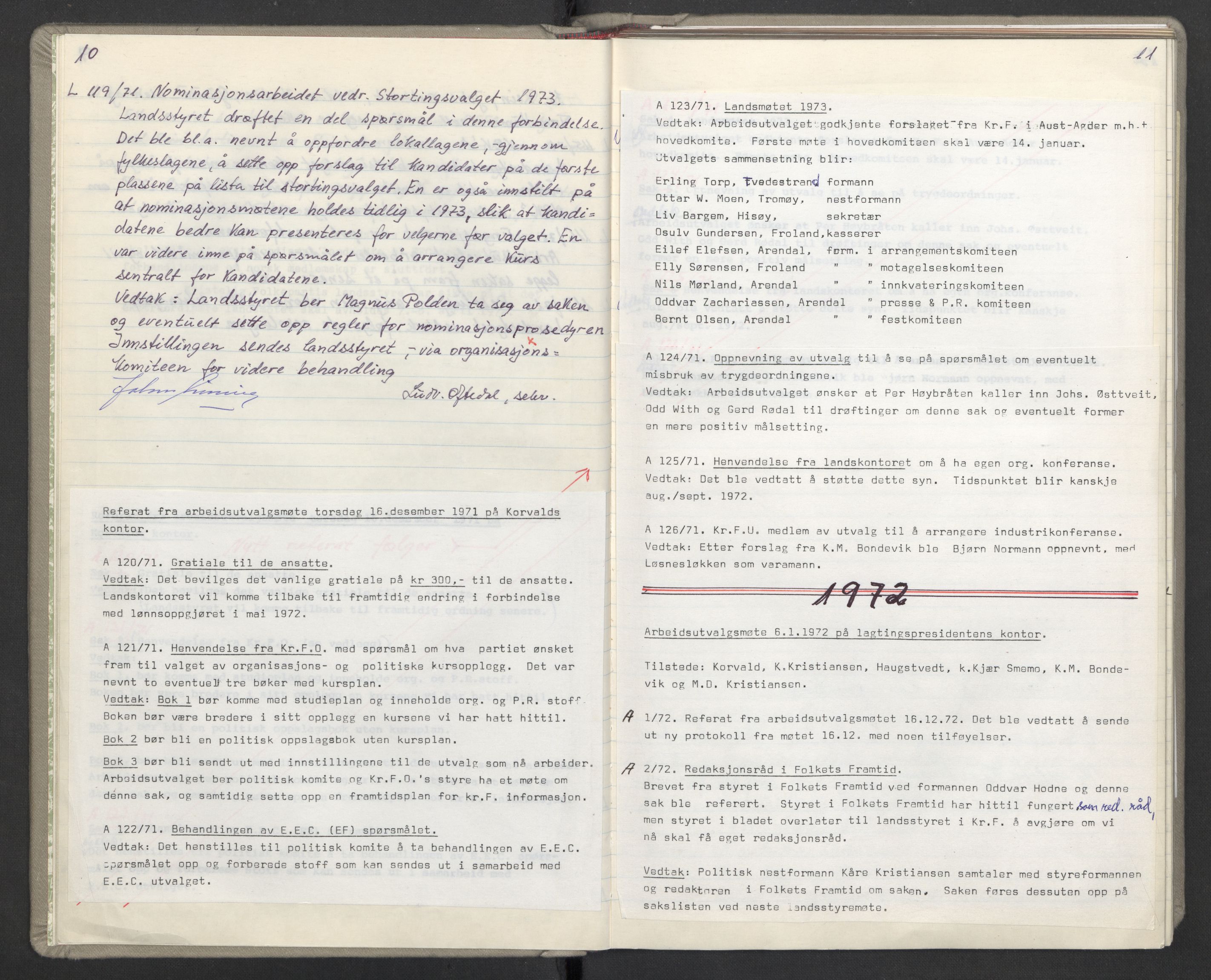 Kristelig Folkeparti, RA/PA-0621/F/Fk/L0052/0001: -- / 1. Protokoller st.møter, Landsmøter, AU, landsstyremøter, 1971-1975, s. 10-11